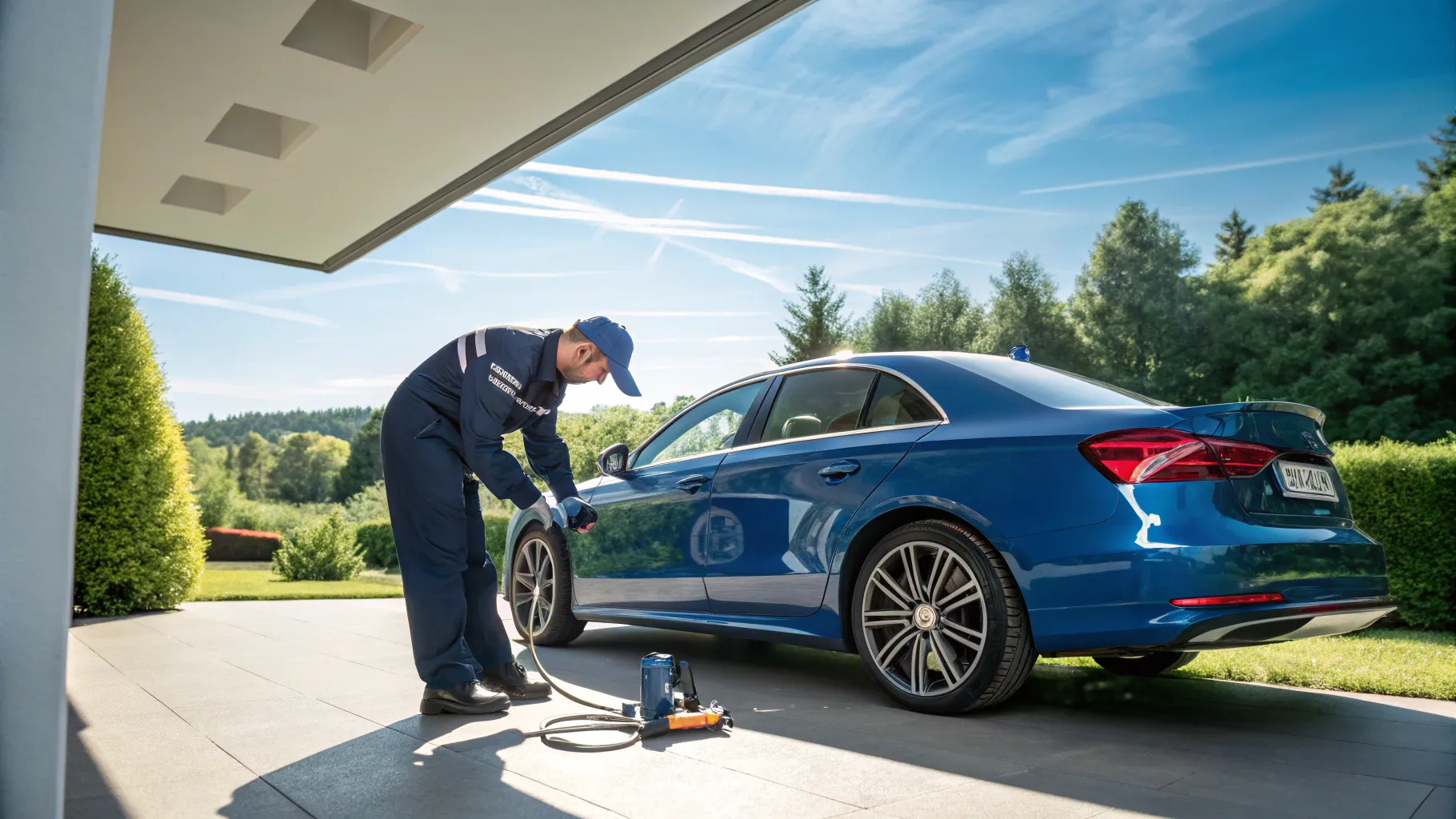 How mobile dent repair works: a technician fixing a car dent at a home location.