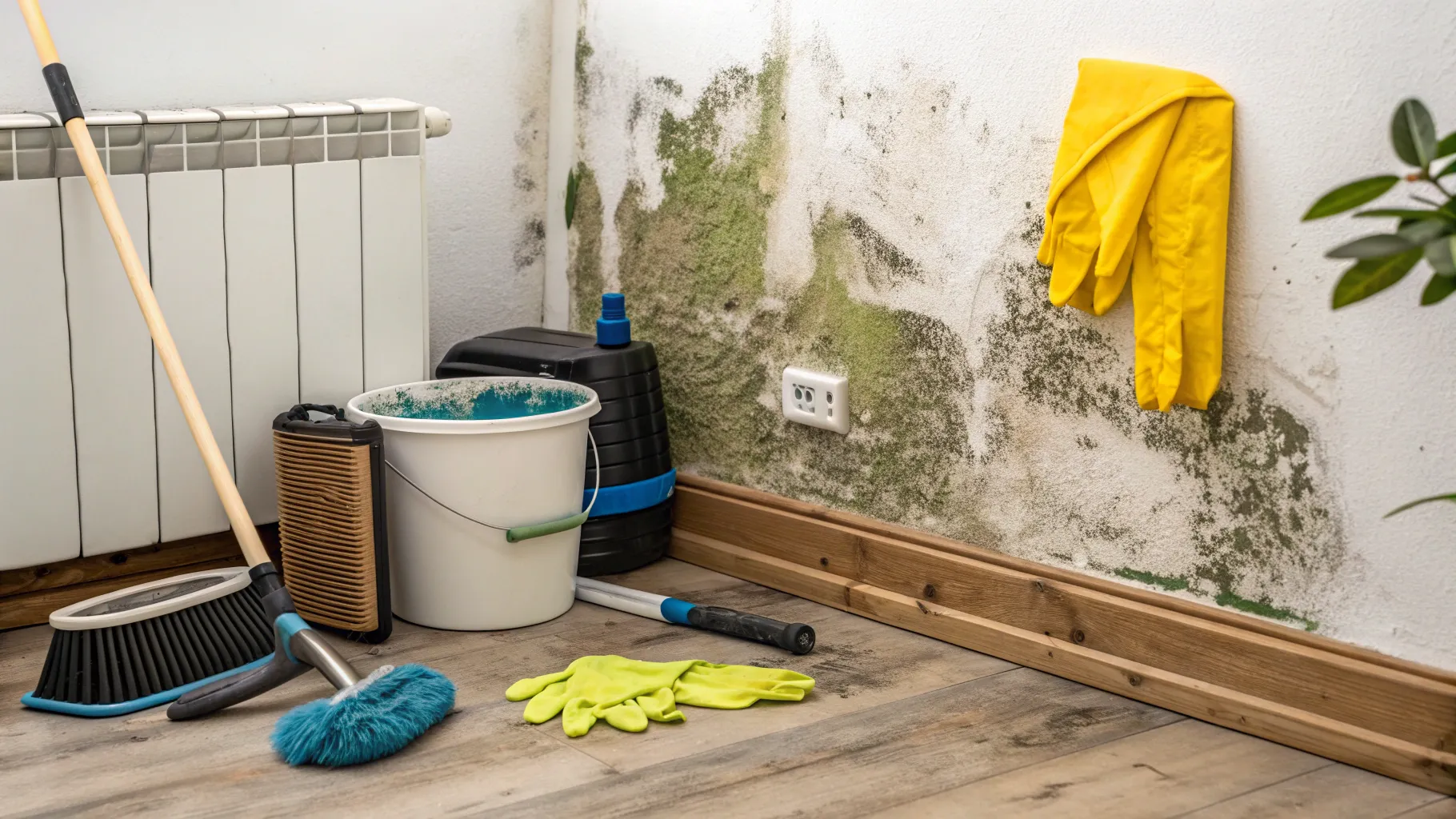 What to know about mold removal in 2025: visible mold and removal tools in a basement.