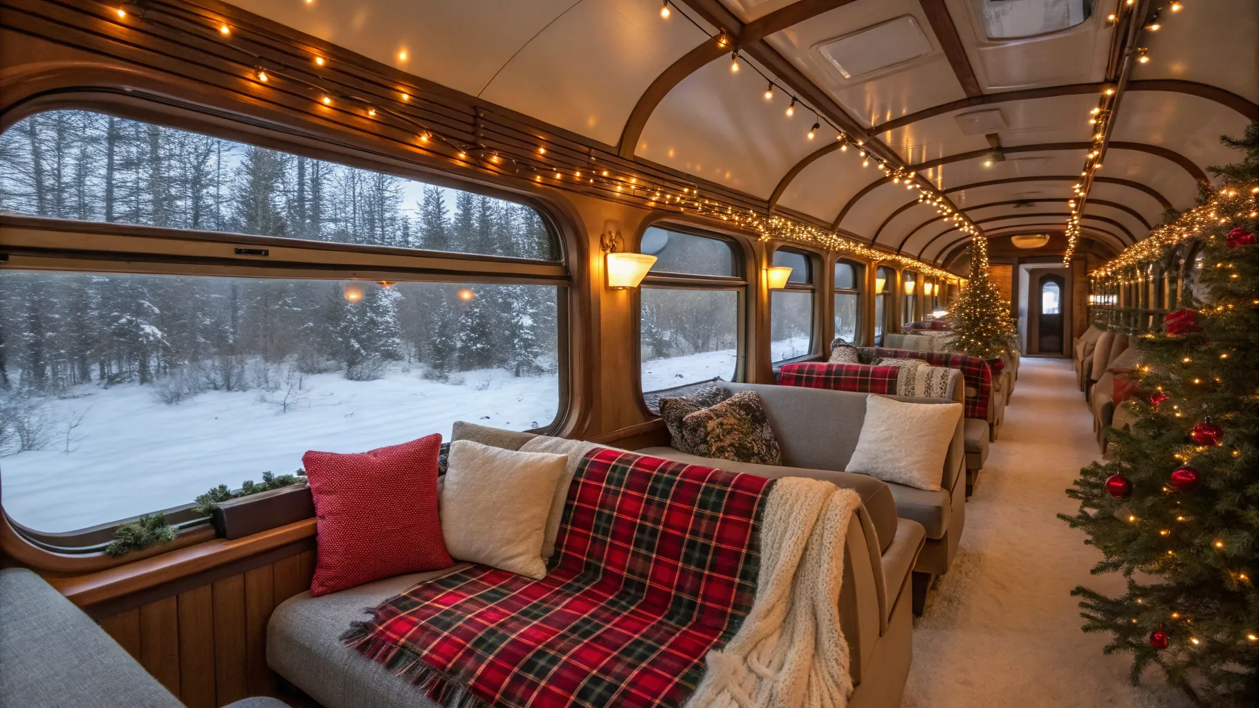Montreal to Halifax Christmas Train Tour features cozy festive cabin with snowy views.