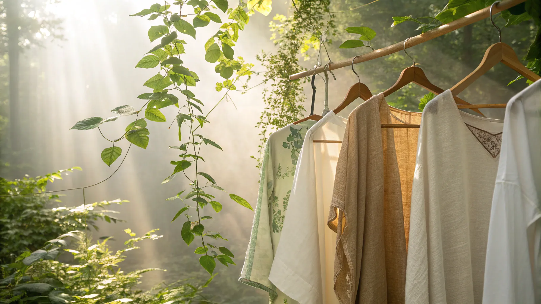 Healthy Fabric Replacements for Polyester showcase eco-friendly fabrics in a lush setting.
