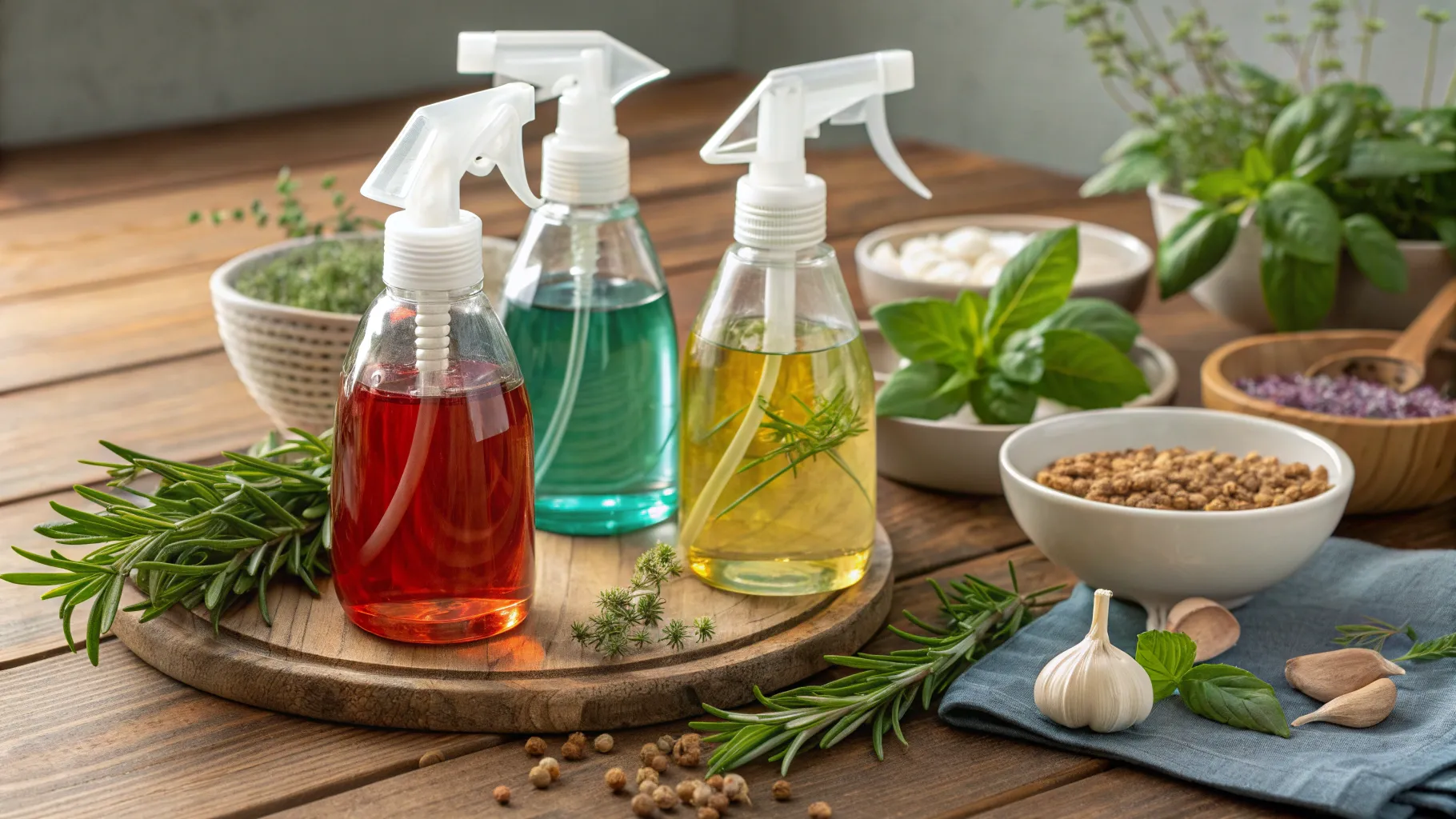 Natural Home Made Sprays for Bug Management with colorful bottles and fresh herbs.