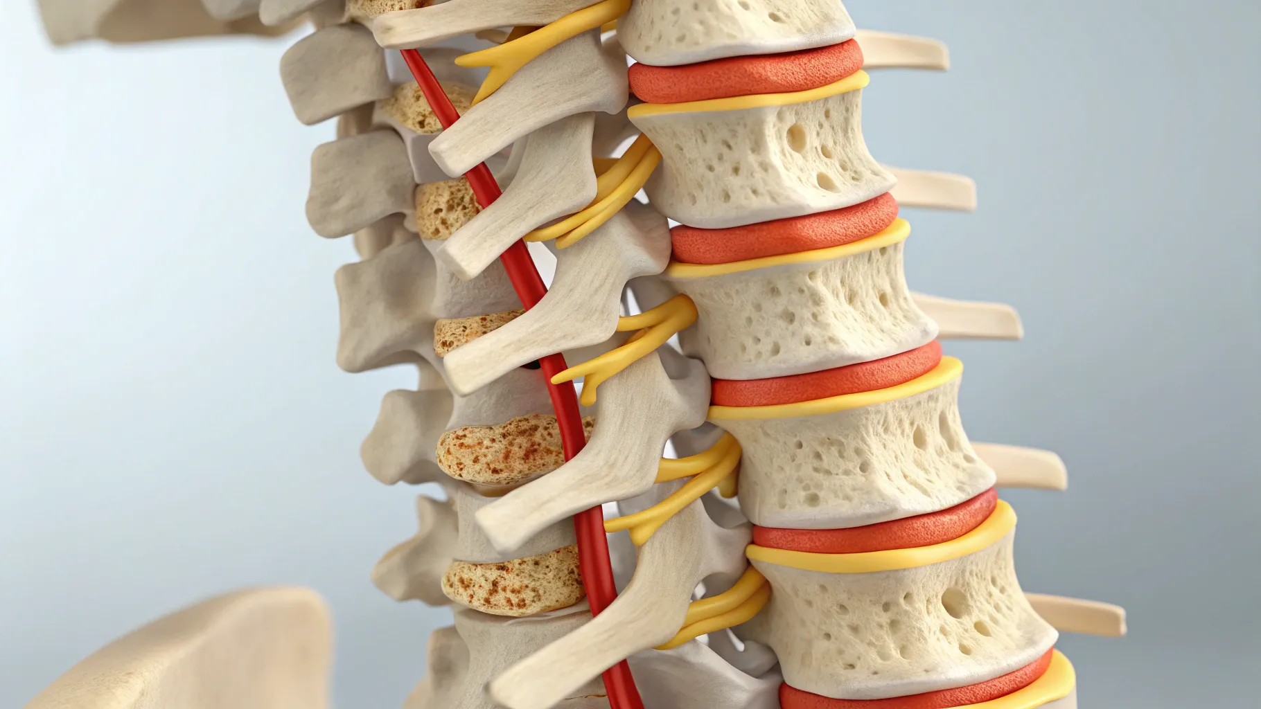 Cervical Spondylosis Symptoms depicted through anatomical spine models comparing healthy versus affected.