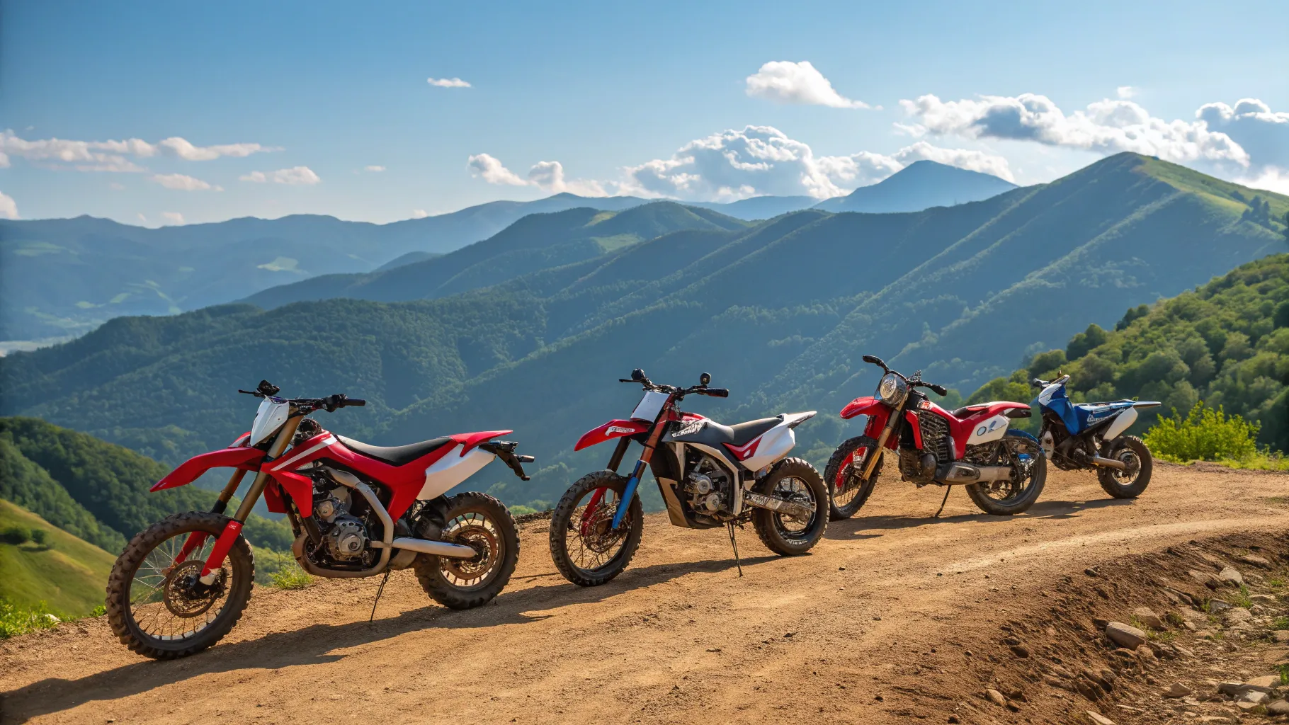 Off road motorcycles 2025 lined up on a dirt trail with mountains in the background.