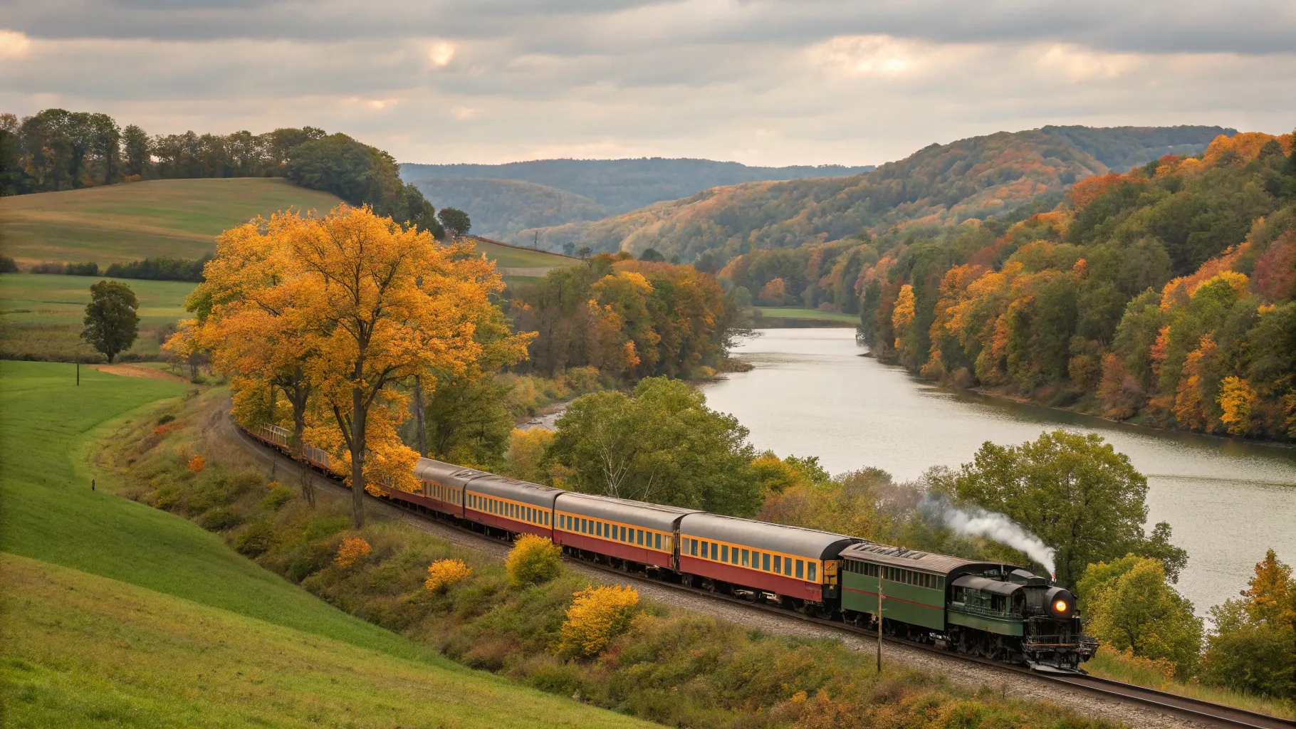 Ohio Scenic Train Tour Packages amidst vibrant autumn foliage and rolling hills.