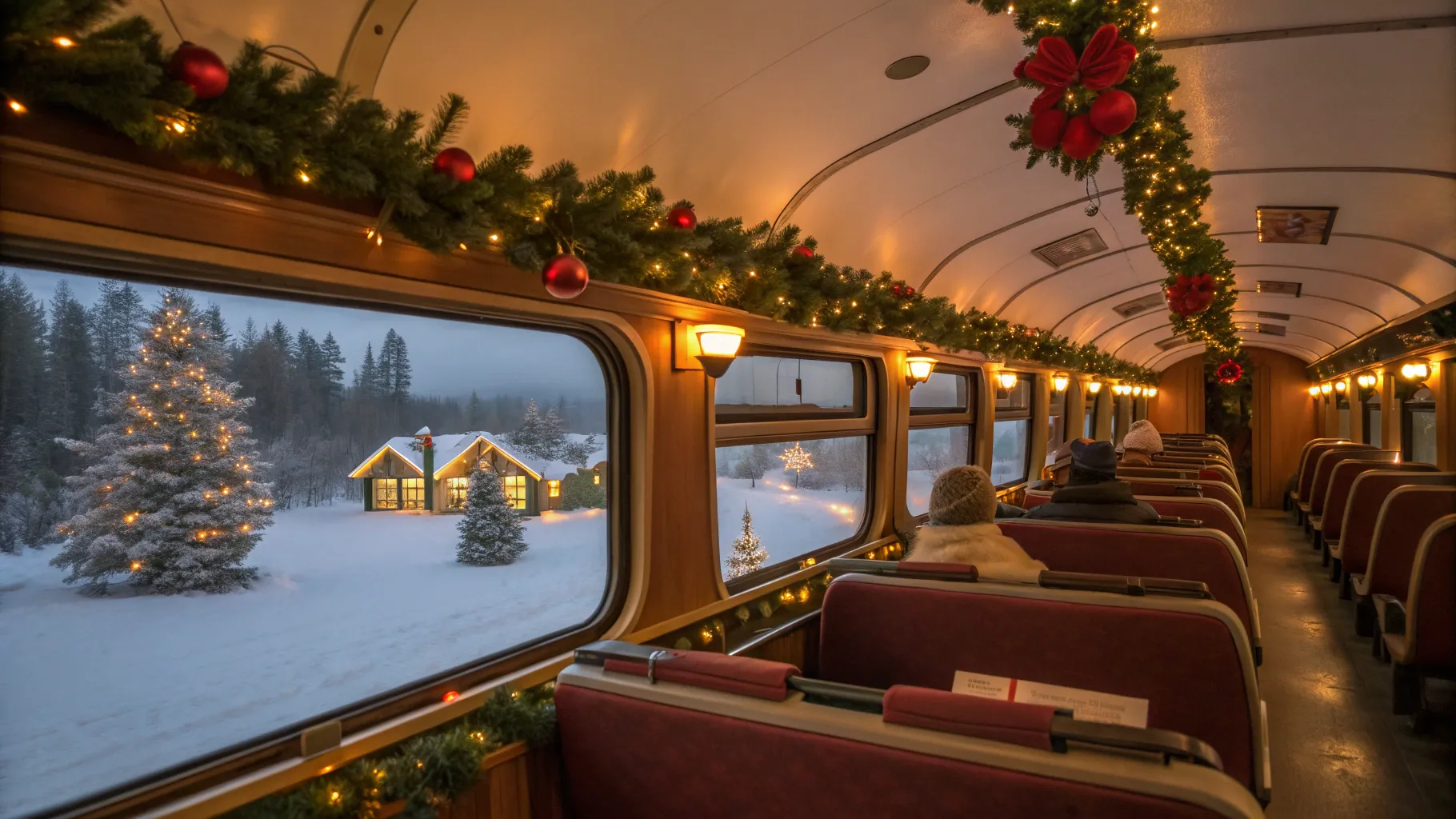 Ontario Christmas Train Tour journey filled with festive decor and a snowy winter landscape.