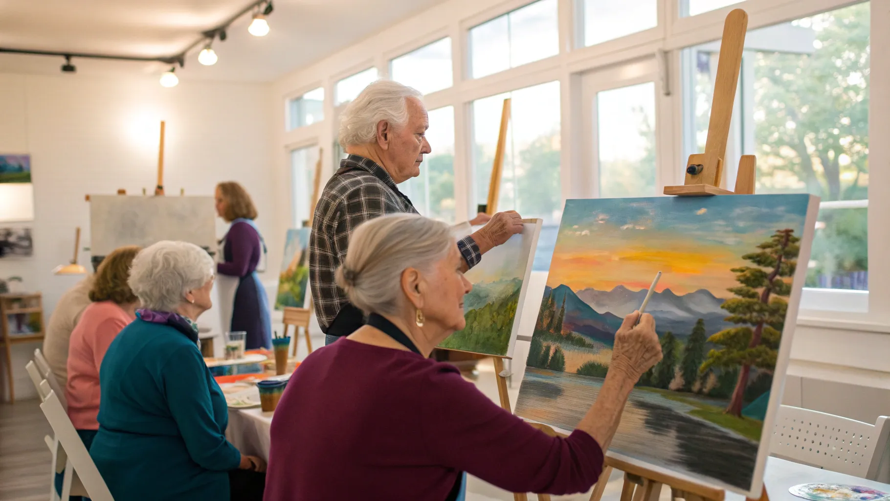 A group of older adults engaged in one of the many available painting and drawing courses for seniors.