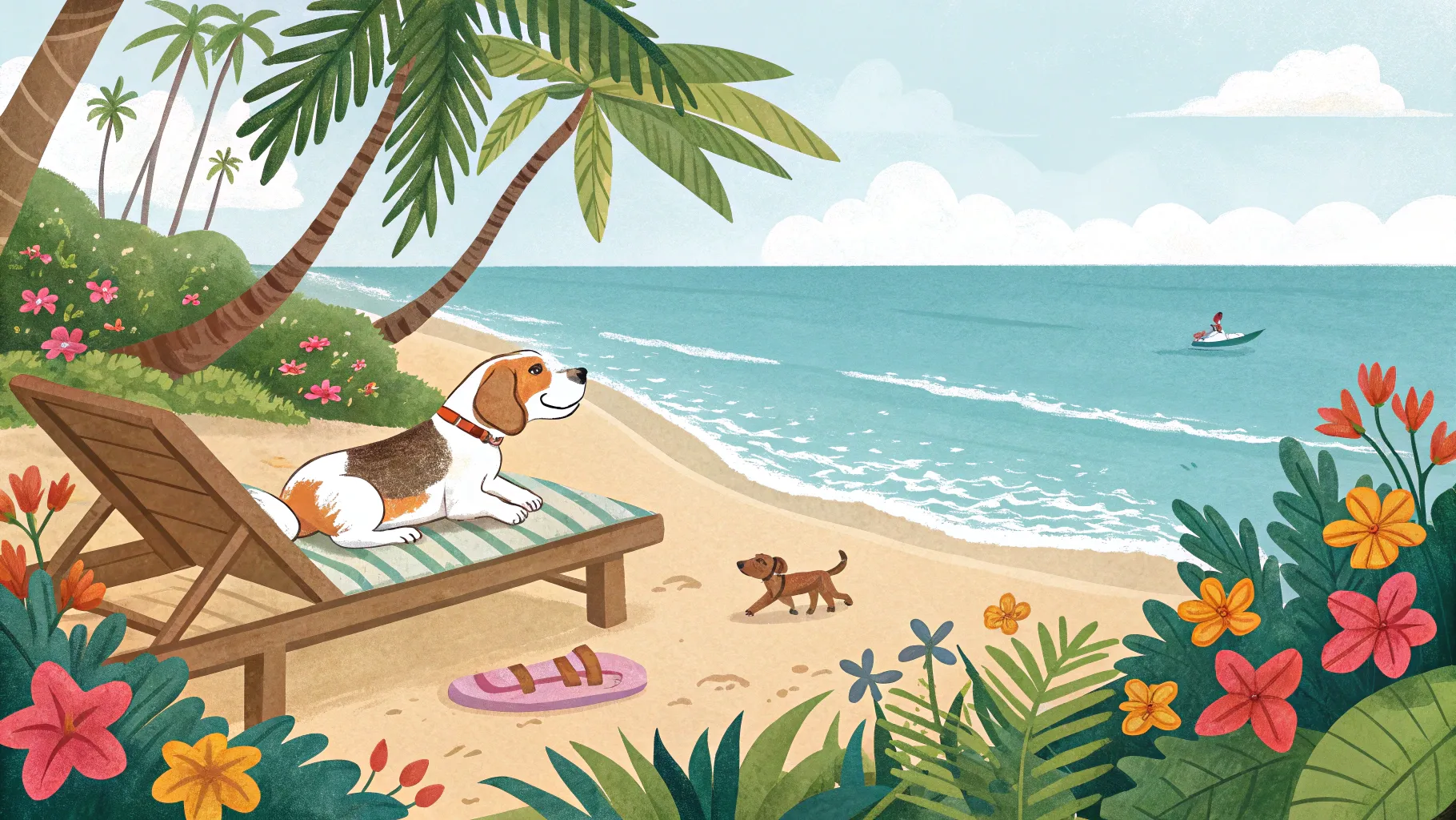 Guide to pet friendly all inclusive resorts: beach scene with dogs enjoying a sunny day.