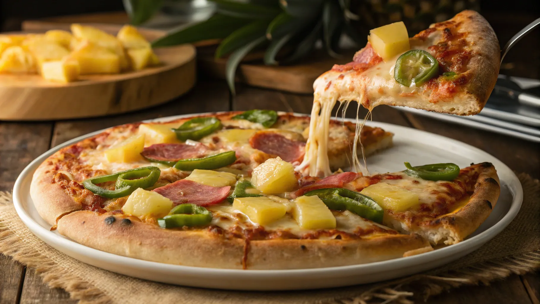 Pineapple on Pizza, Yes or No: A delicious pizza topped with pineapple, cheese, and ham.