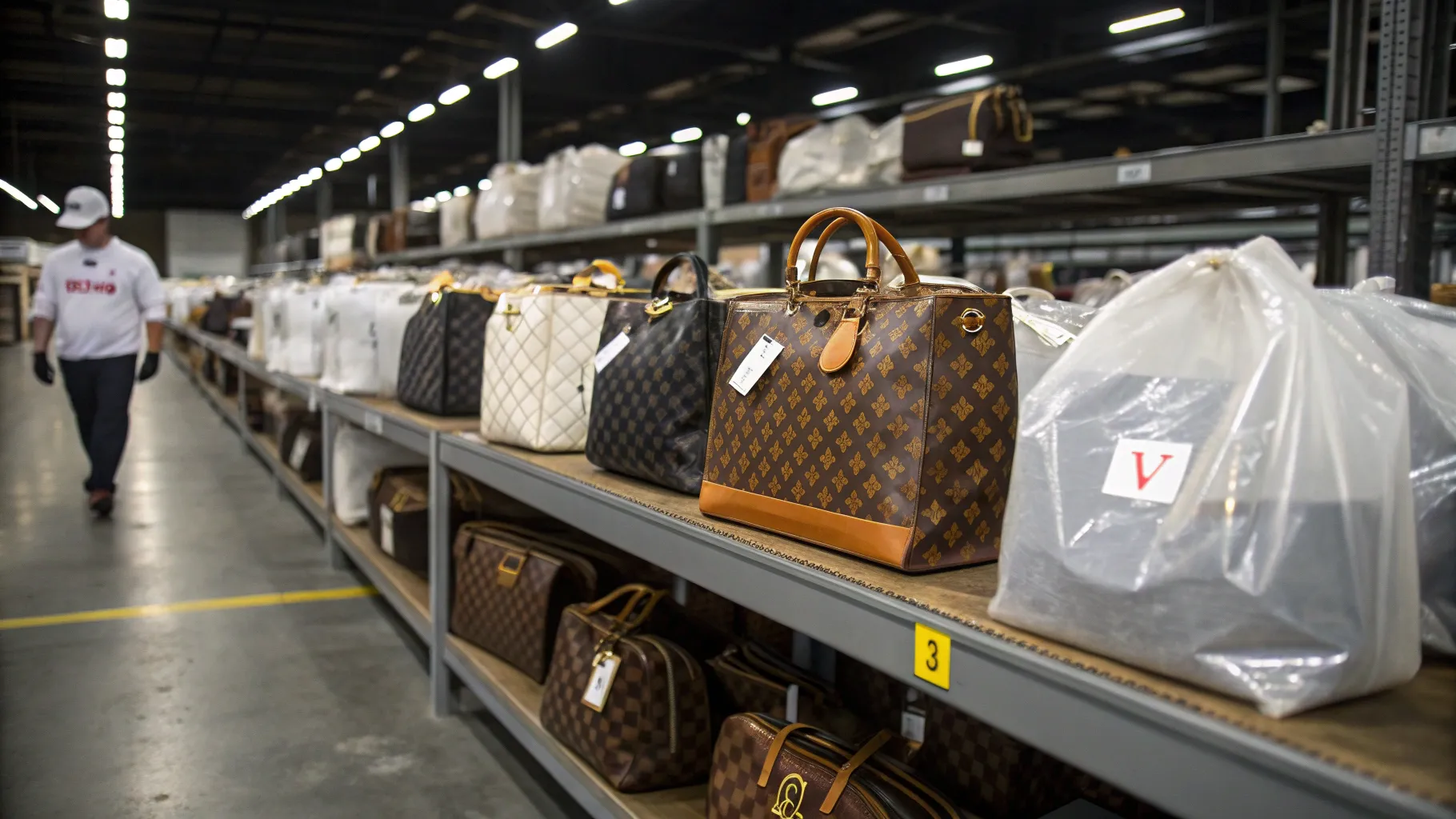 A display of high-end luxury handbags at police seized luxury bag auctions with an auctioneer gavel nearby.