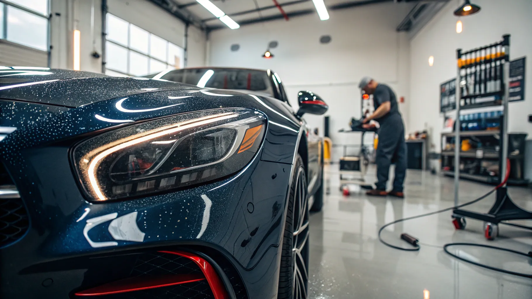 professional paint correction service enhances a vehicle's glossy finish with intricate details.