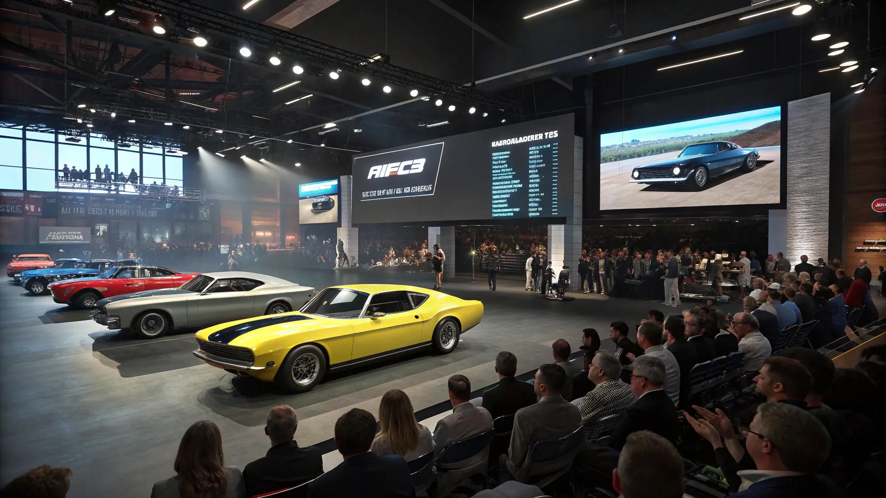 Public car auction access with diverse vehicles, bidders engaging eagerly in a vivid scene.