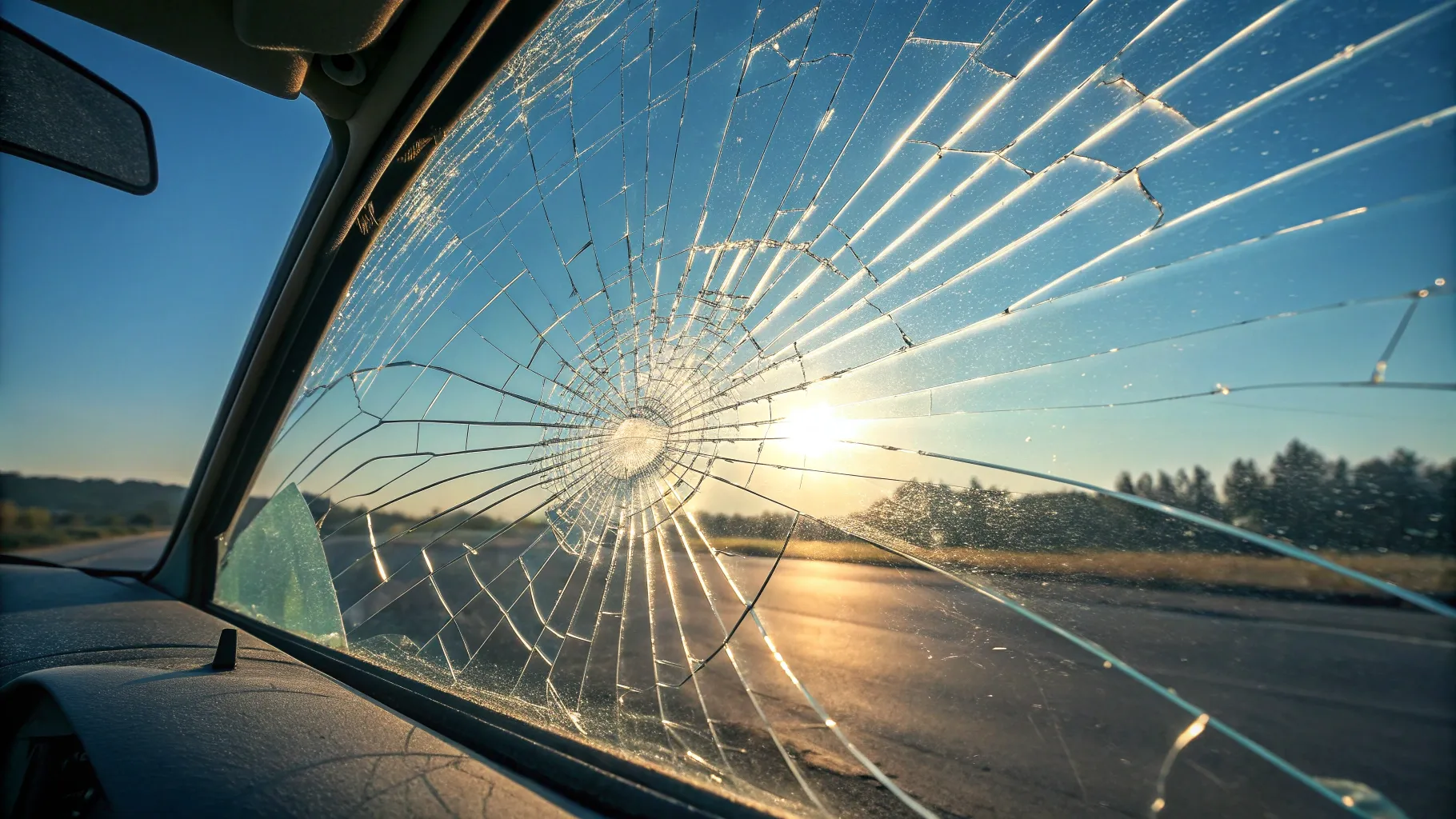 What to do about a cracked windshield – focus on a close-up of cracks in glass.