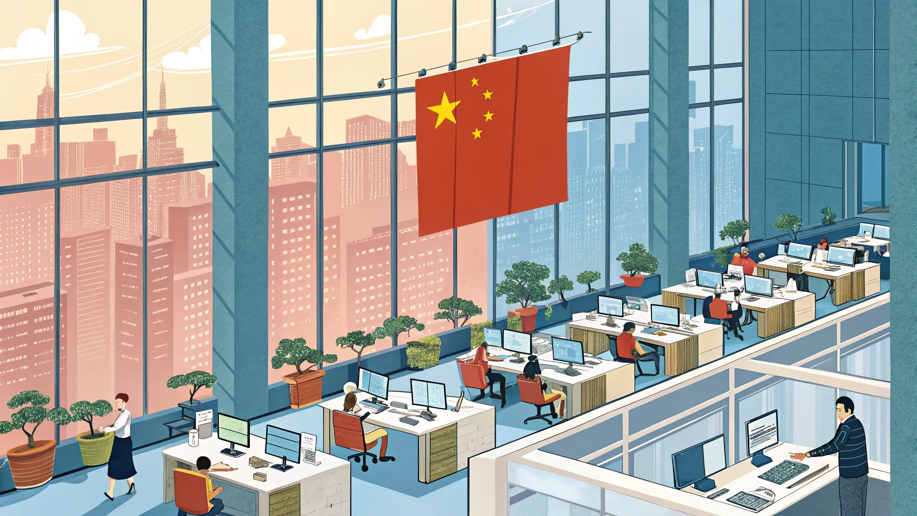 Working in China, a dynamic office environment filled with modern workspaces.