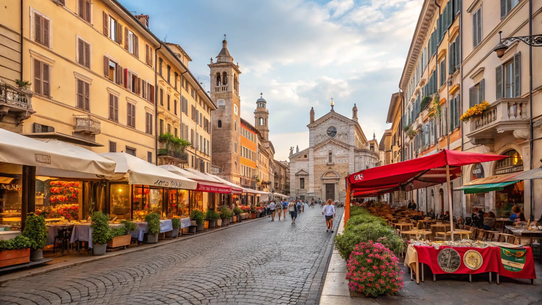 Working in Italy: vibrant market scene with cafes and historic architecture.