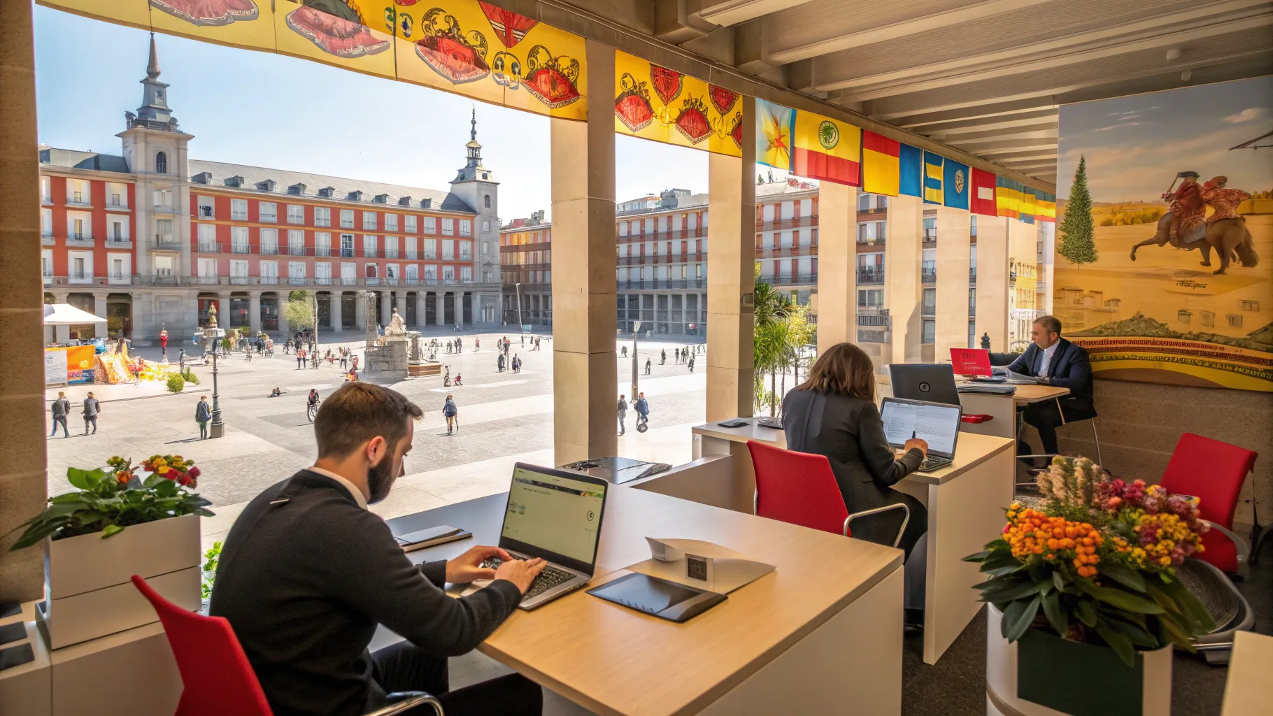Working in Spain showcases a modern office bustling with professionals and sunlight.