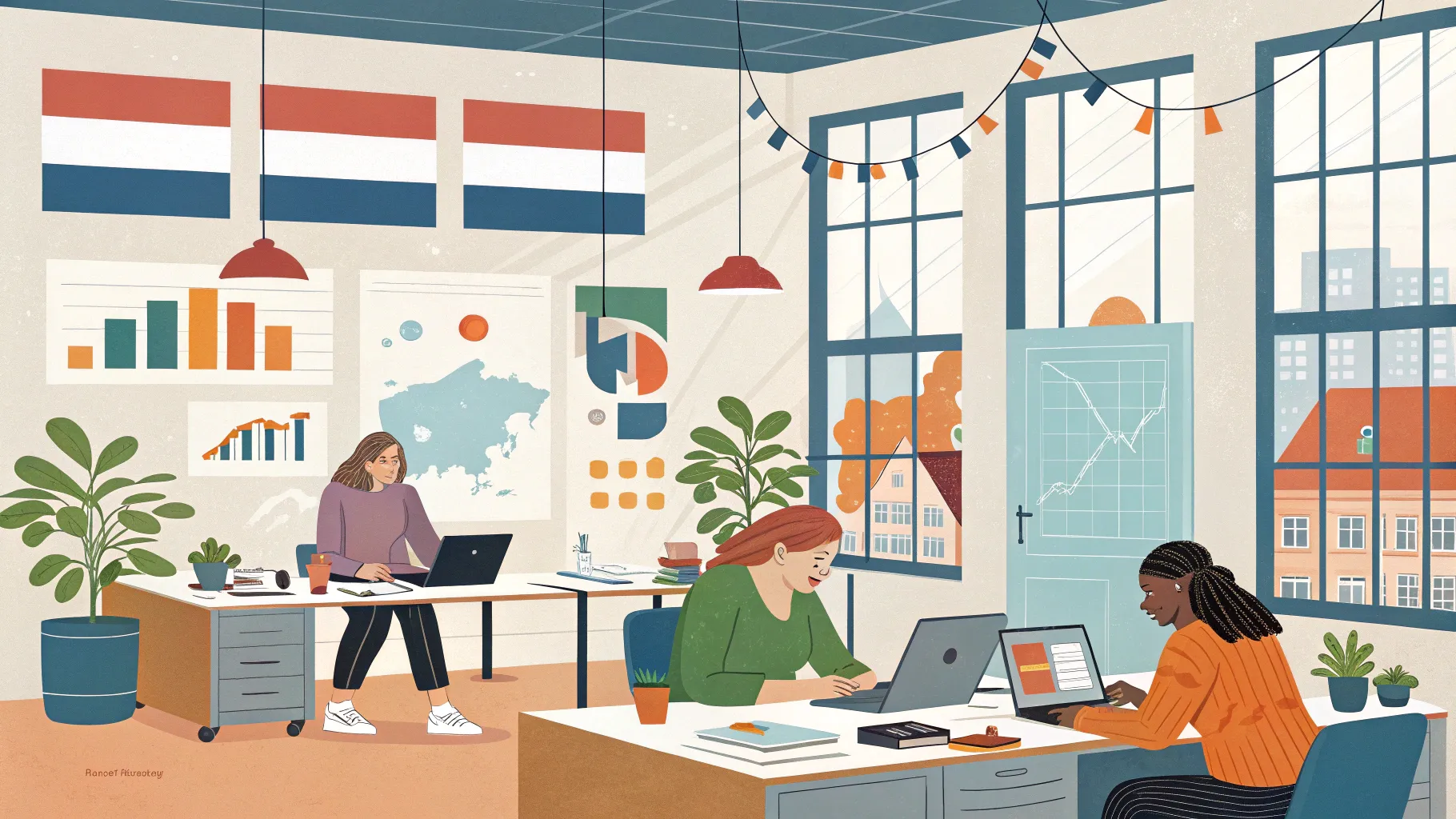 Working in the Netherlands: vibrant office scene with diverse professionals collaborating.