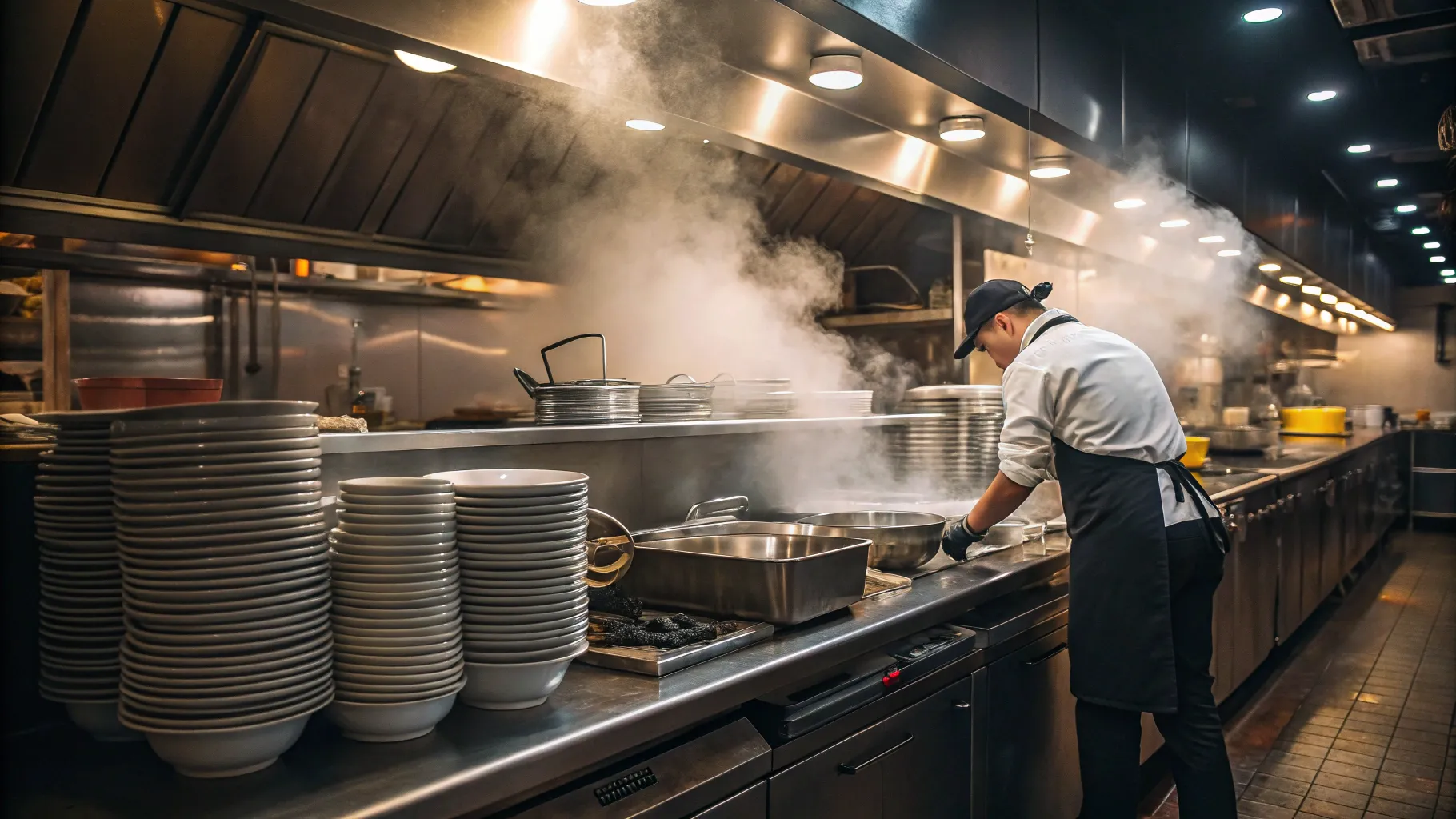 Dish Washing Careers: Busy kitchen scene with immersed dish washers and clean utensils.