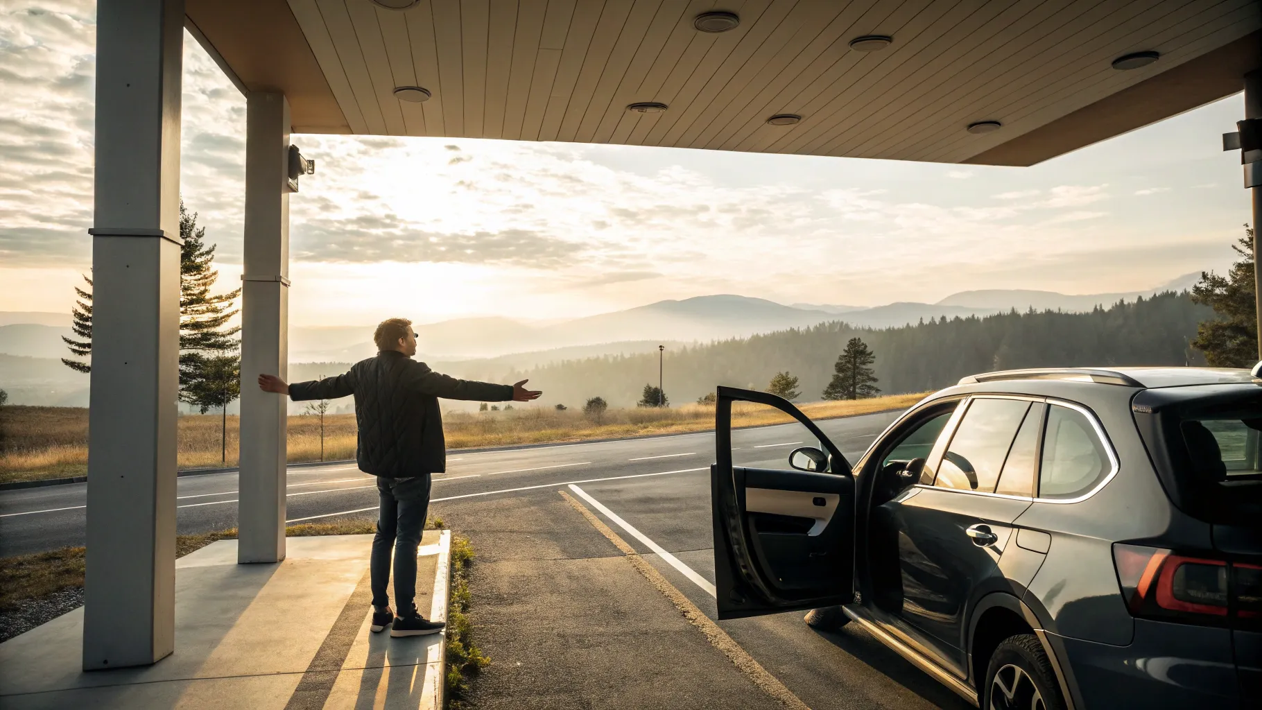A driver taking a break at a scenic overlook, an example of safe driving break intervals.
