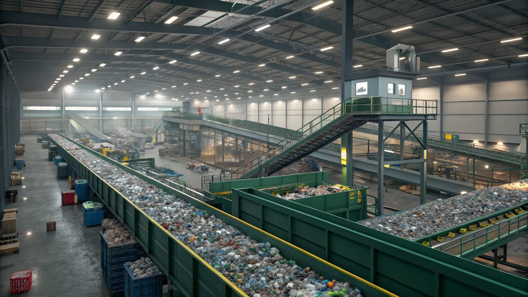 Recycling Plant Careers highlight busy machines sorting materials in a vast facility.