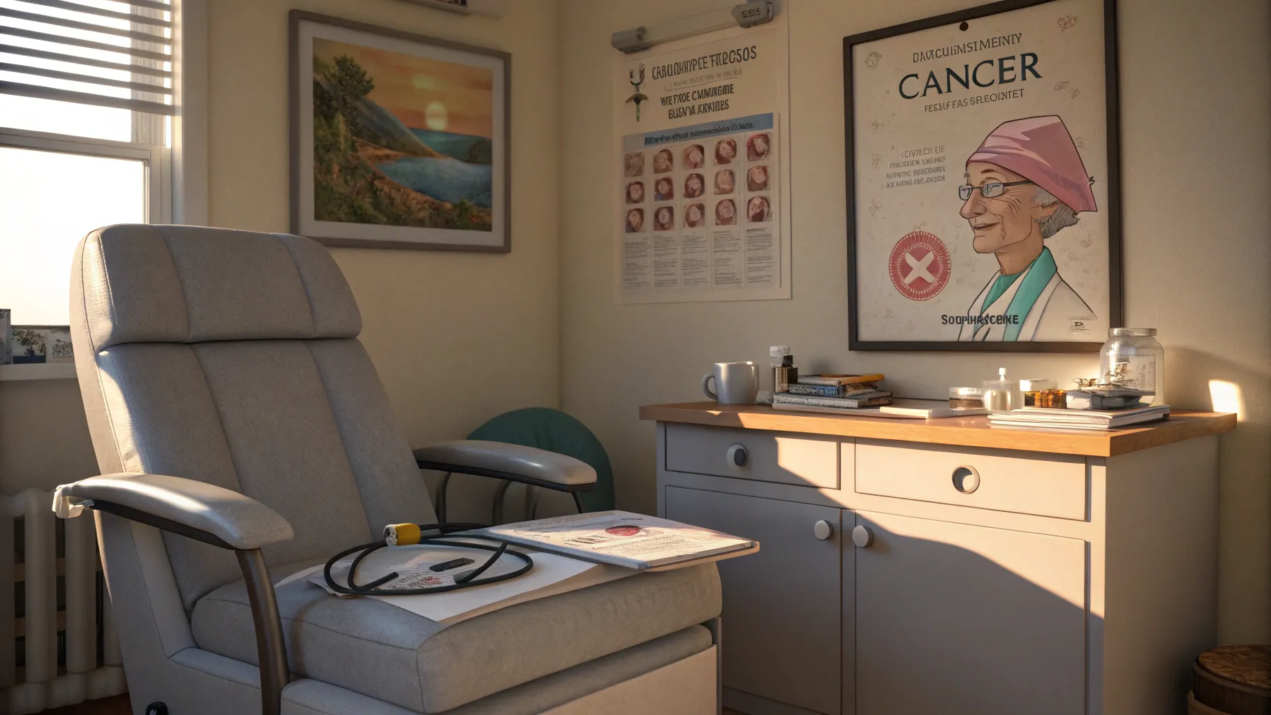 Cancer screening for seniors in a warm, inviting doctor's office setting.