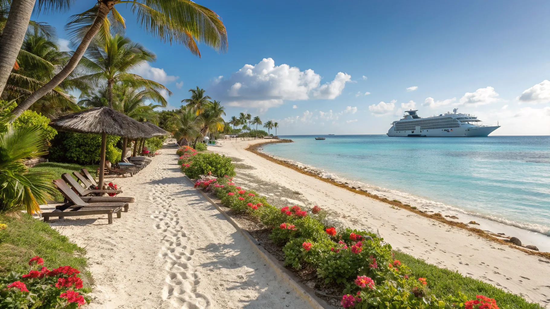 Senior Friendly Cruise Destinations: A tranquil Caribbean beach scene with a cruise ship.