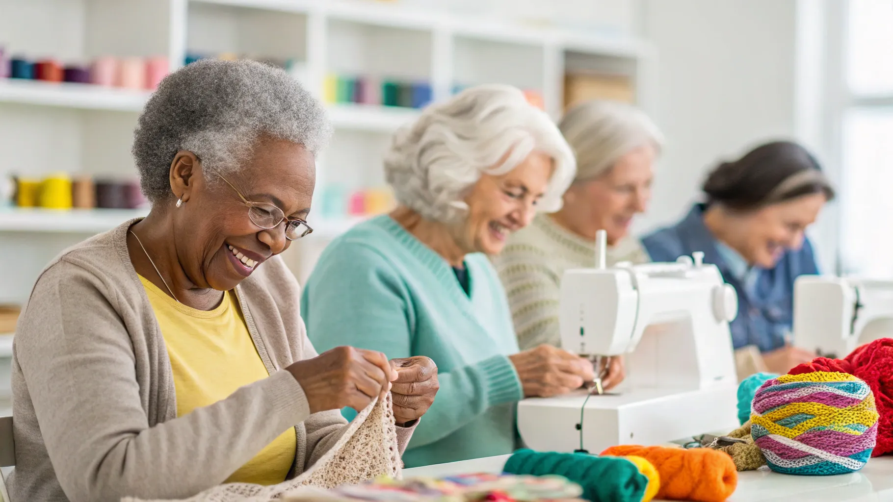 A group of older adults engaged in needlework workshops seniors, focused on their knitting projects.