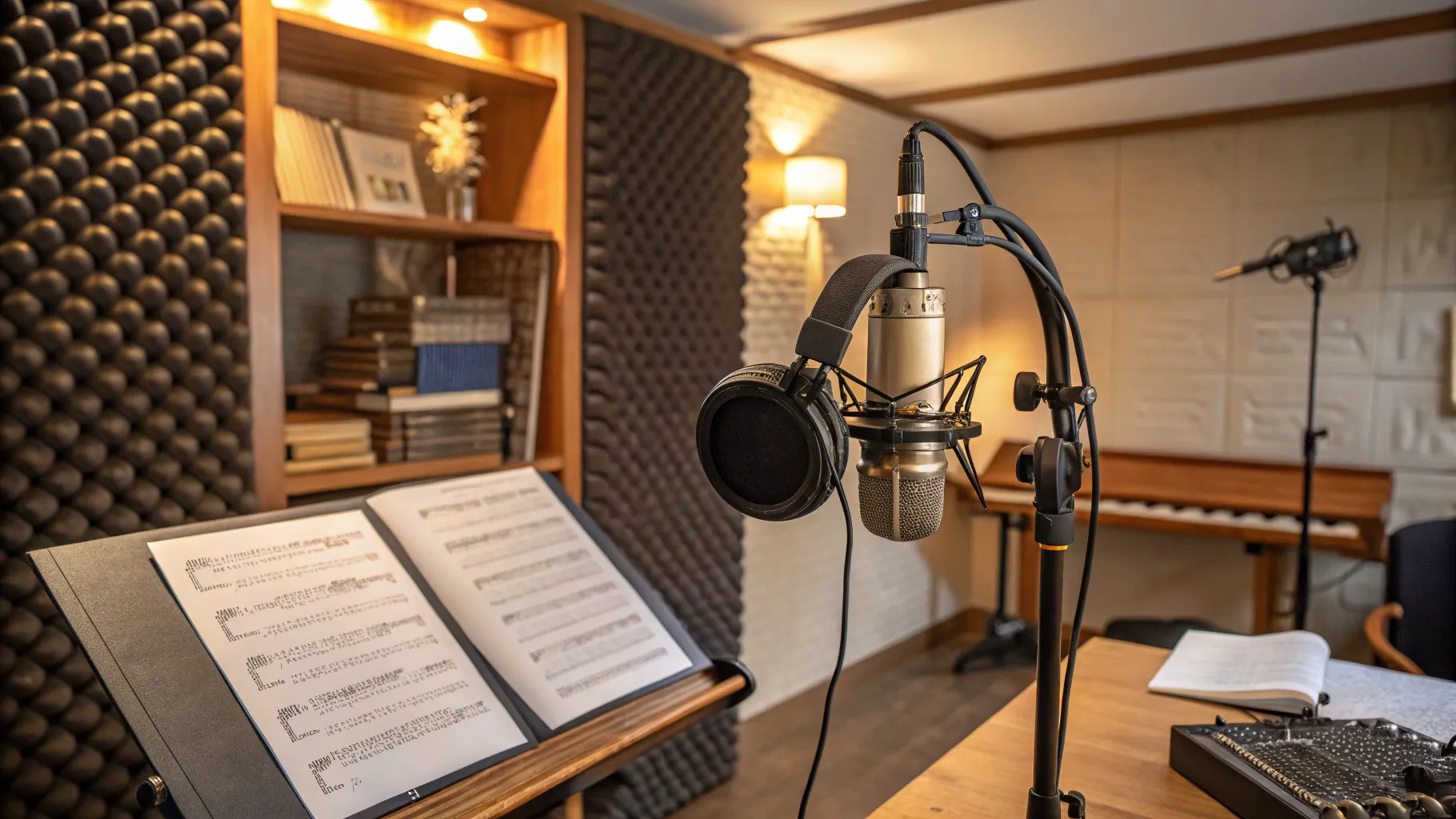 Audiobook Narrator Careers: A detailed recording studio with audio gear and open scripts.