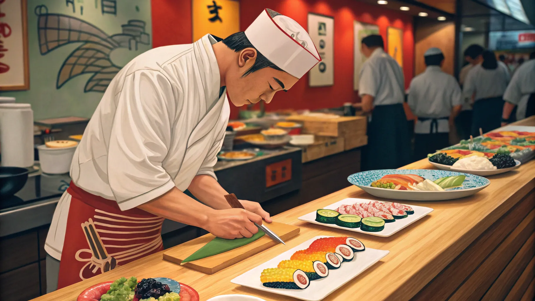Sushi Chef Careers: A chef expertly prepares sushi in a colorful, dynamic kitchen setting.