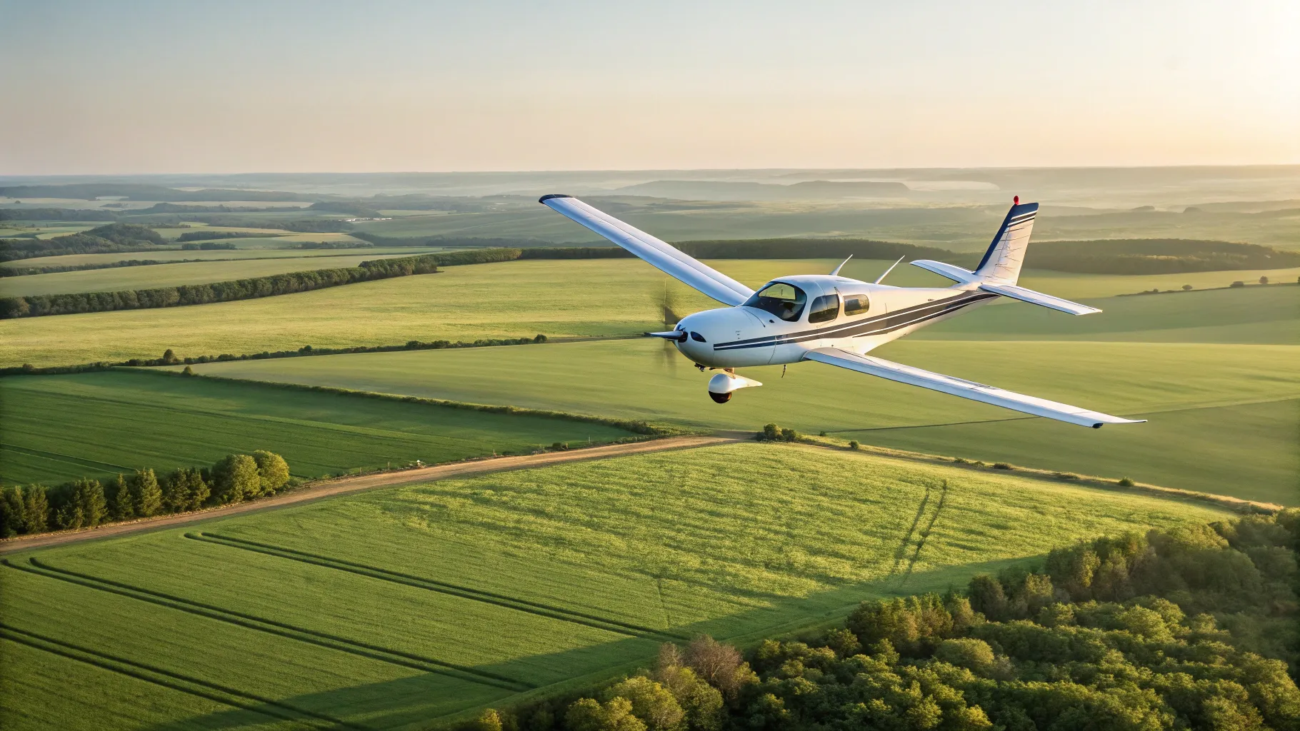 Popular Small Private Airplanes flying over green fields under a clear blue sky.