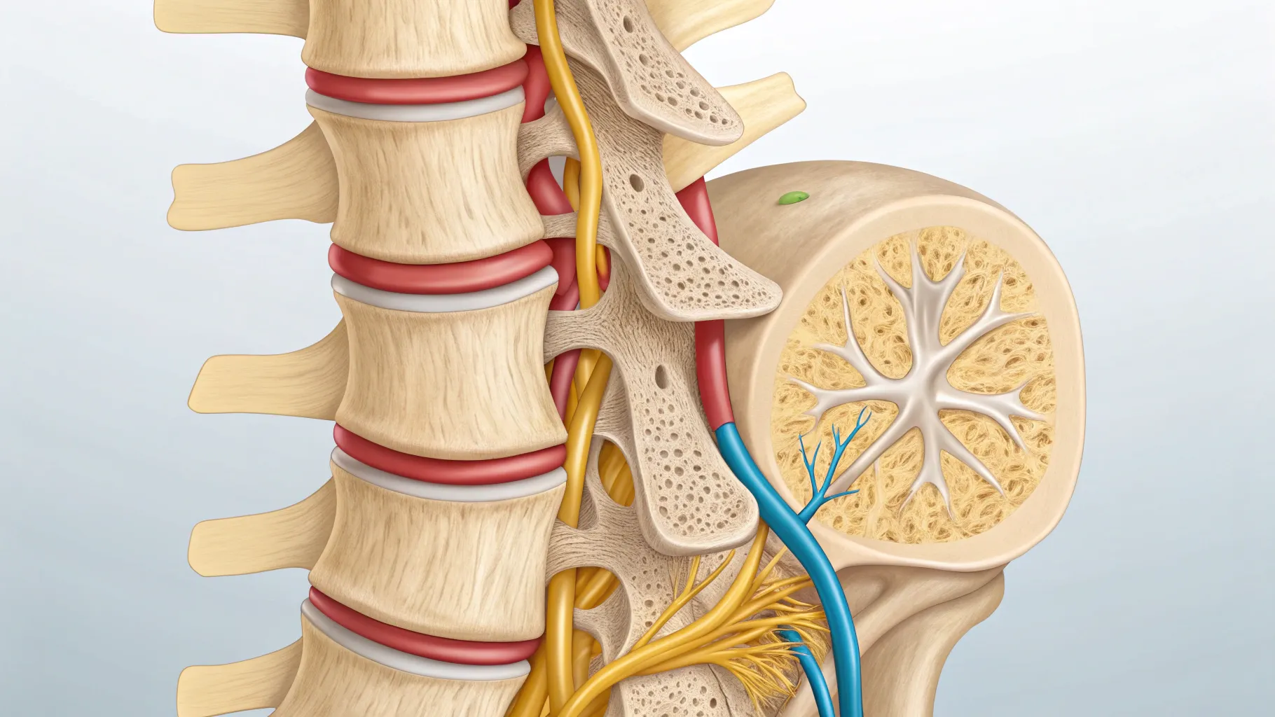 Spinal Stenosis illustrates a model of lumbar spine highlighting canal narrowing.