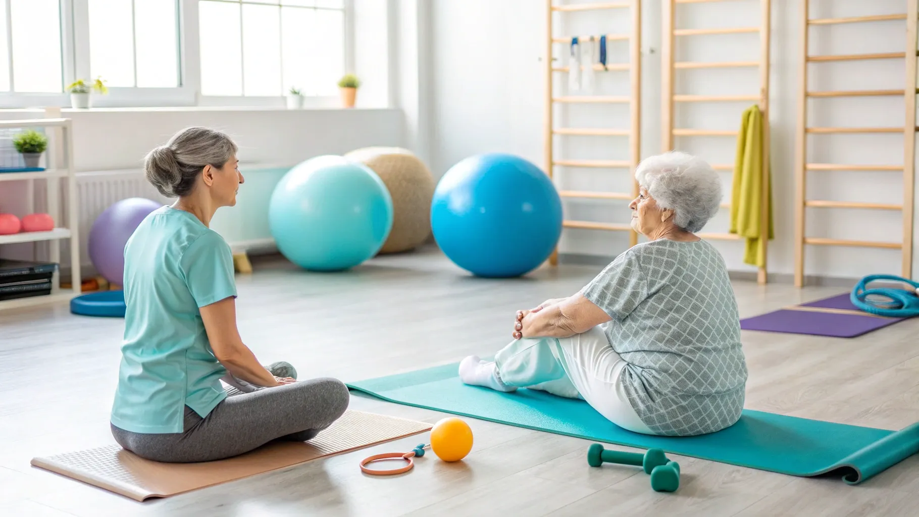 Spinal Stenosis Treatment for Seniors features a tranquil therapy room with exercise equipment.