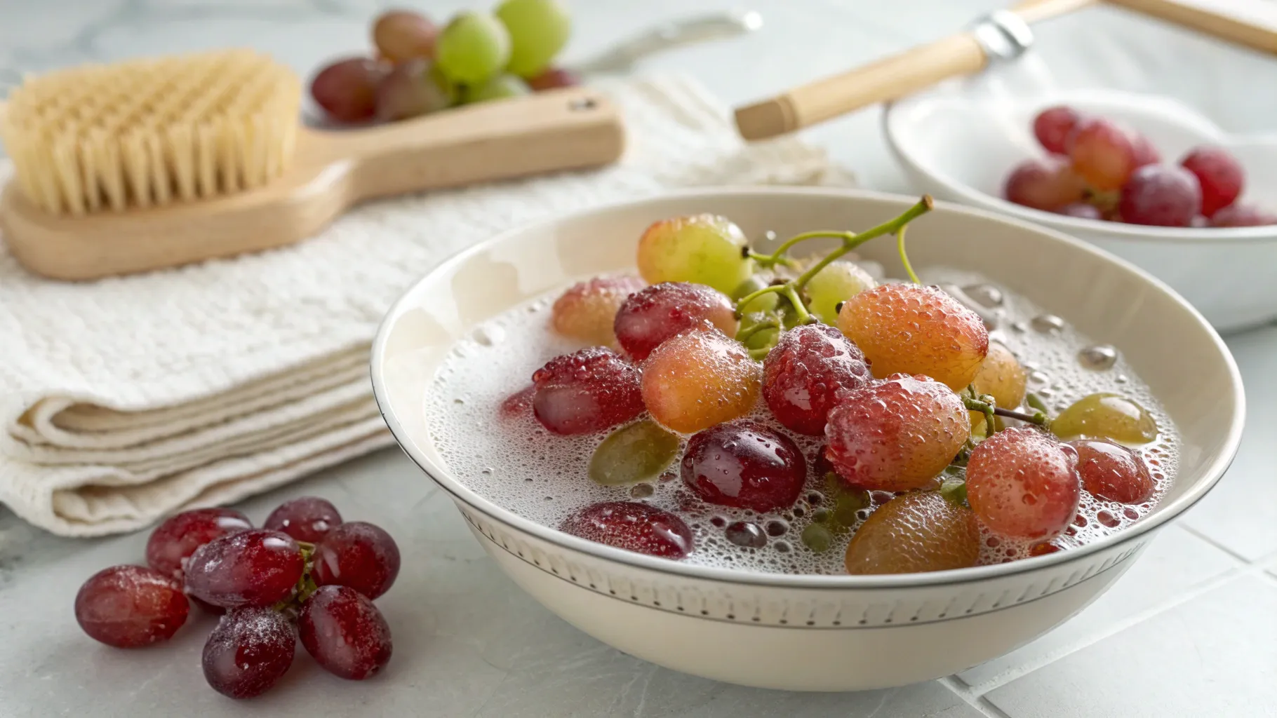 How To Clean Grapes With Baking Soda: Soaking grapes in a baking soda solution.