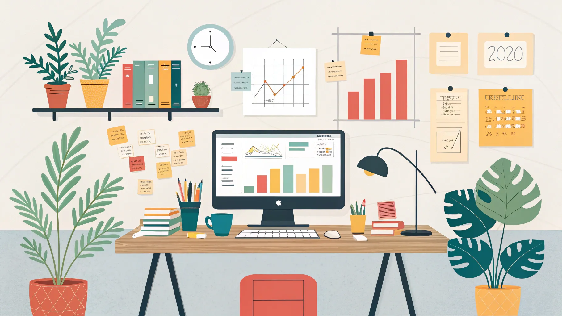 Starting a Small Business: A busy office space with tools for planning and strategy.