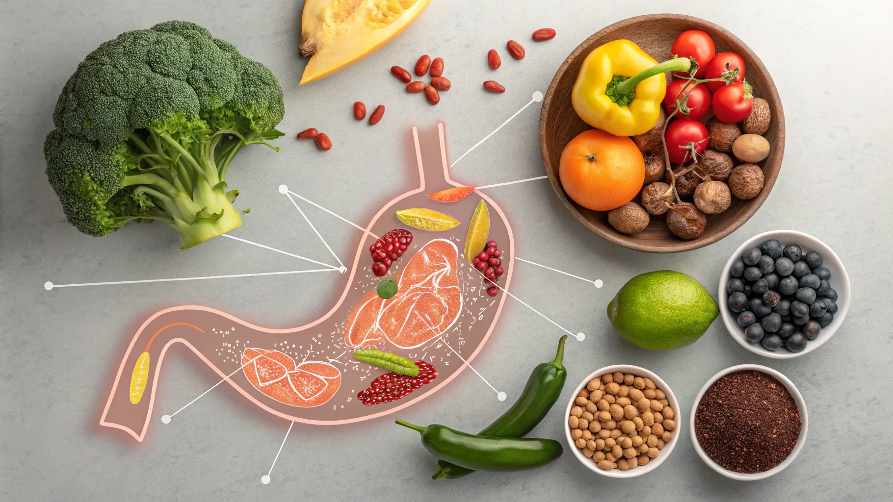 Understanding Stomach Cancer through a medical diagram of the stomach and dietary foods.