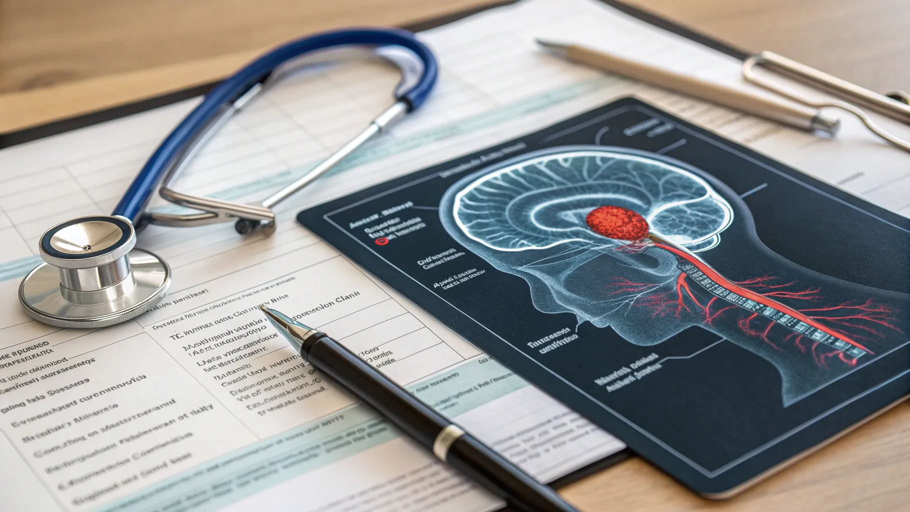 Symptoms of Brain Aneurism illustrated by a brain scan and medical tools in focus.