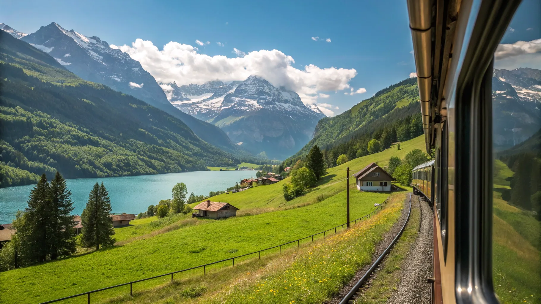 Switzerland train tours showcase breathtaking mountain views and lush green valleys.