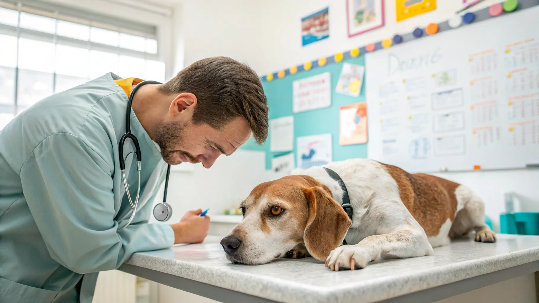 Recognizing Symptoms of Heartworm in Dogs: A concerned owner and lethargic dog at the vet.