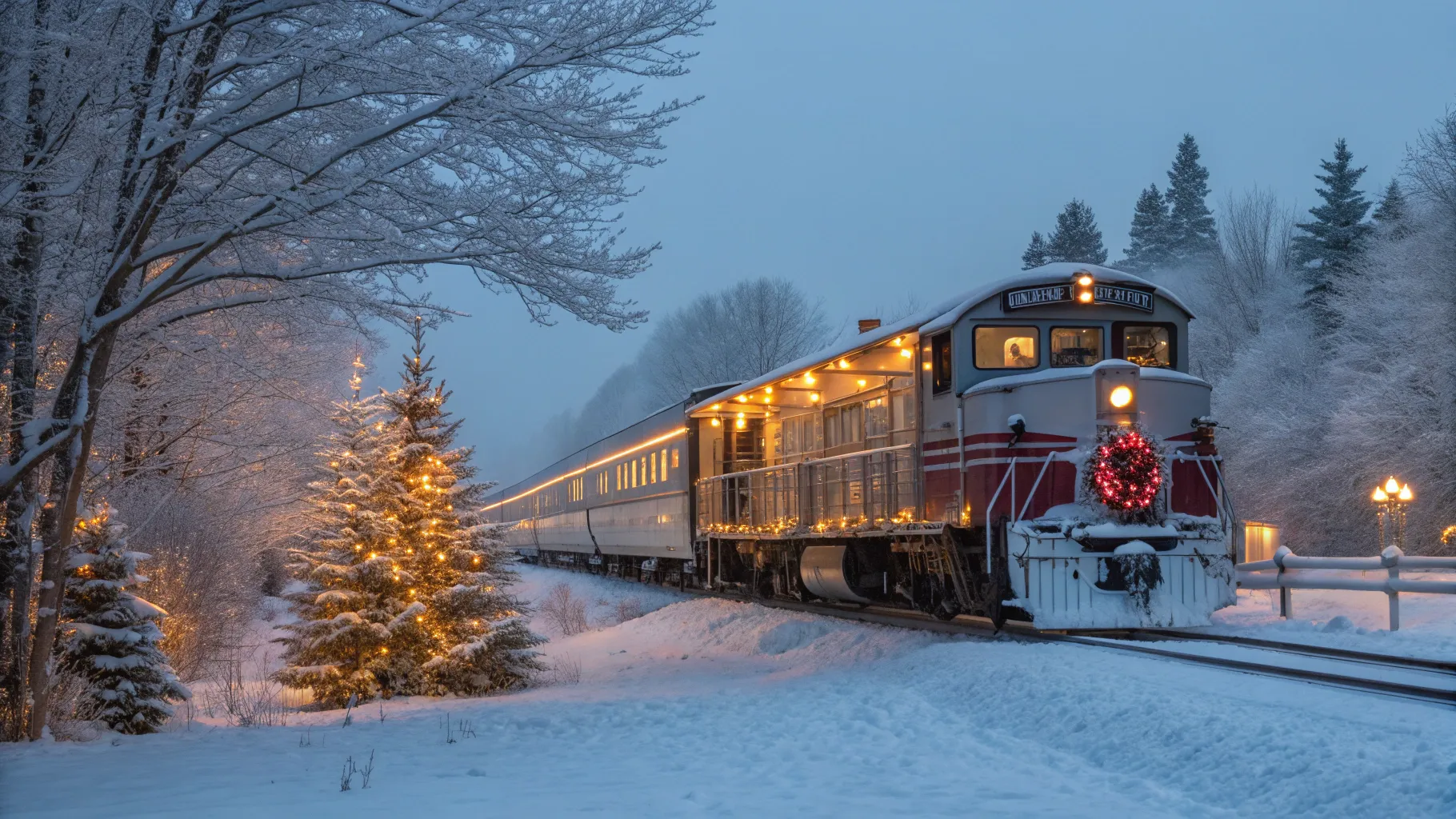 Toronto to Montreal Christmas Train Tour with a snowy landscape and festive train.