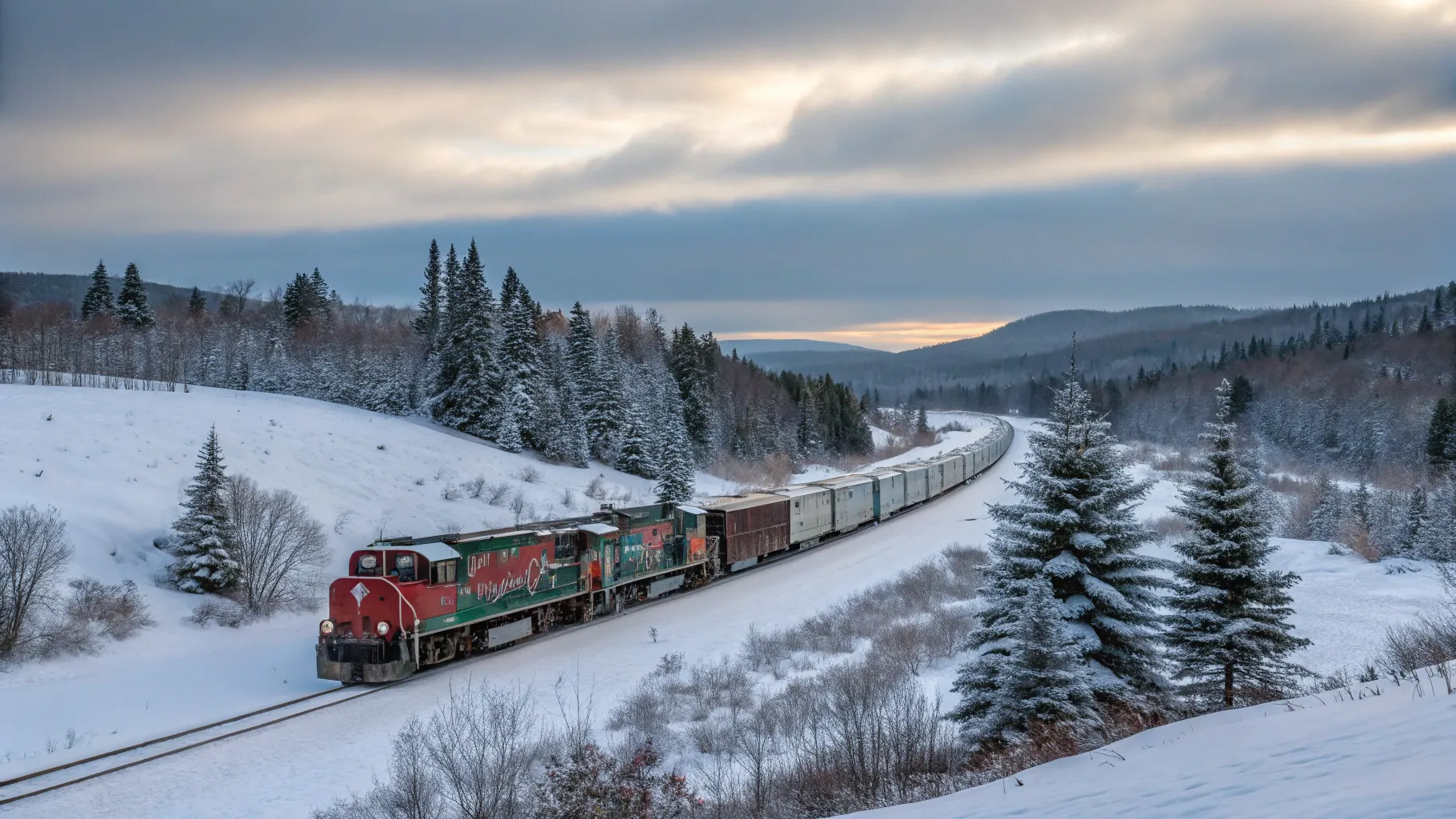 Toronto to Québec City Christmas Train Tour through a scenic, snowy winter landscape.