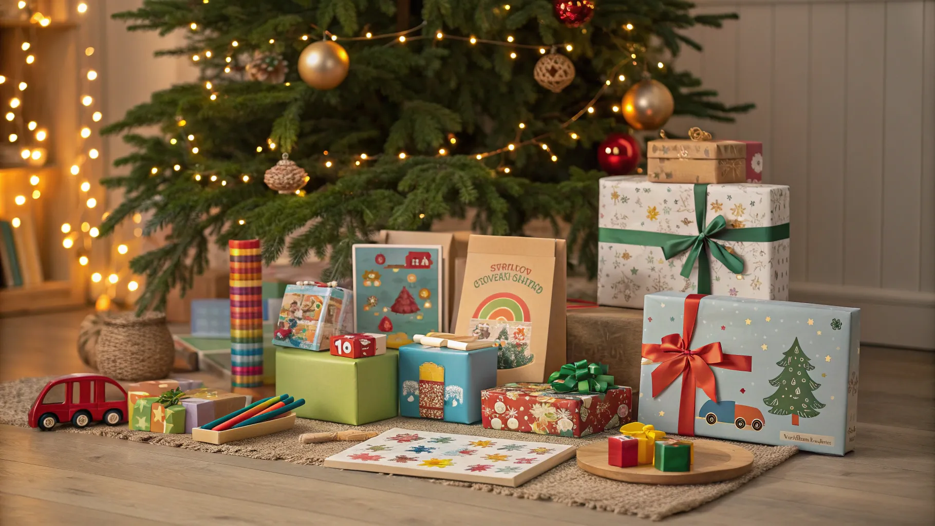 Popular Holiday Gifts for Grandchildren arranged under a decorated Christmas tree.