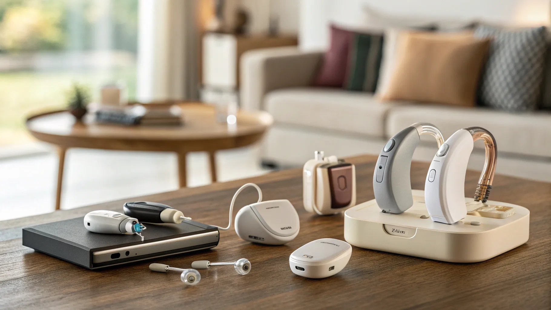 Hearing solutions for seniors featuring various hearing aids and cochlear implants displayed elegantly.