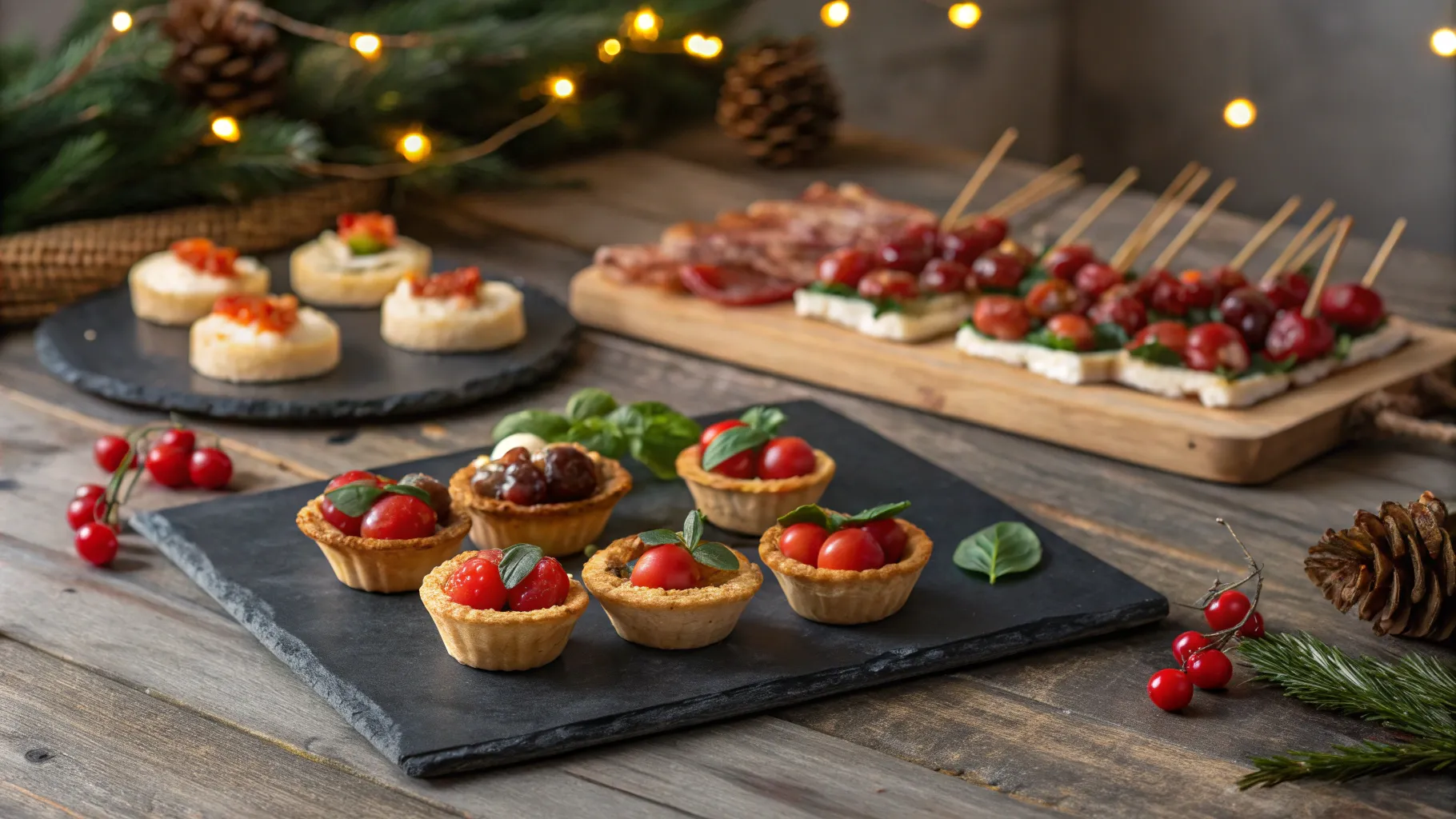 10 Appetizers for Christmas Dinner displayed on a festive table, showcasing vibrant colors.