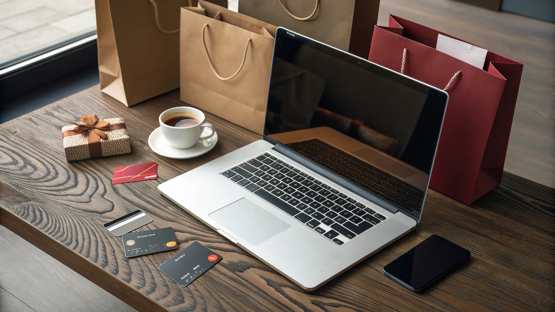 10 Black Friday Tips for Online Shoppers - Cozy online shopping setup with bags and laptop.