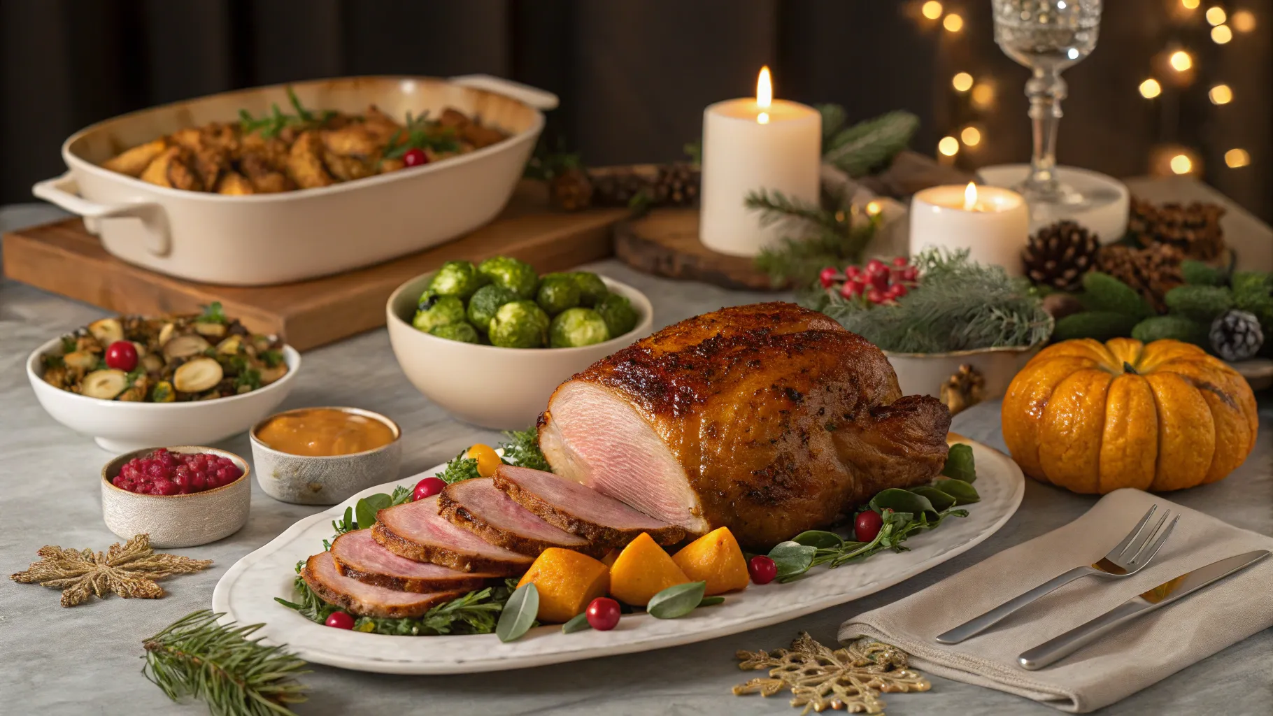 10 Christmas Dinner Ideas: Festive table set with a variety of delicious holiday dishes.