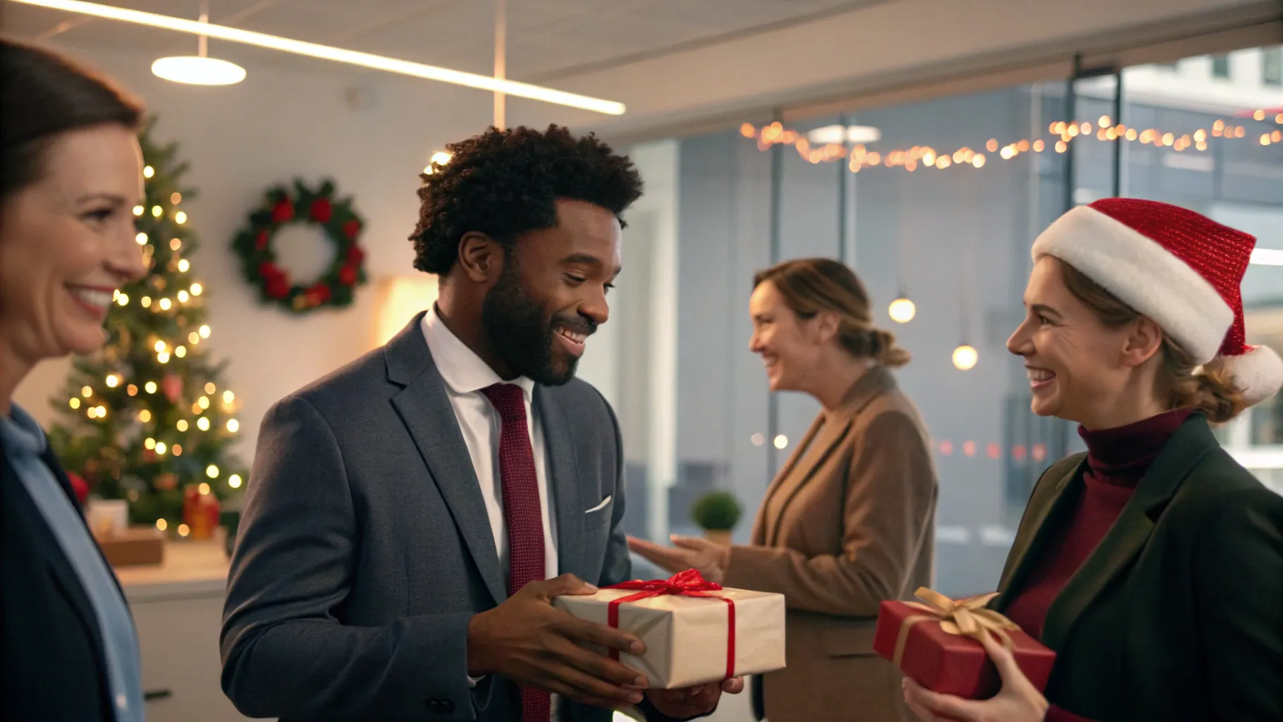 A collection of tastefully wrapped small Christmas gifts on an office desk, ready for a gift exchange.