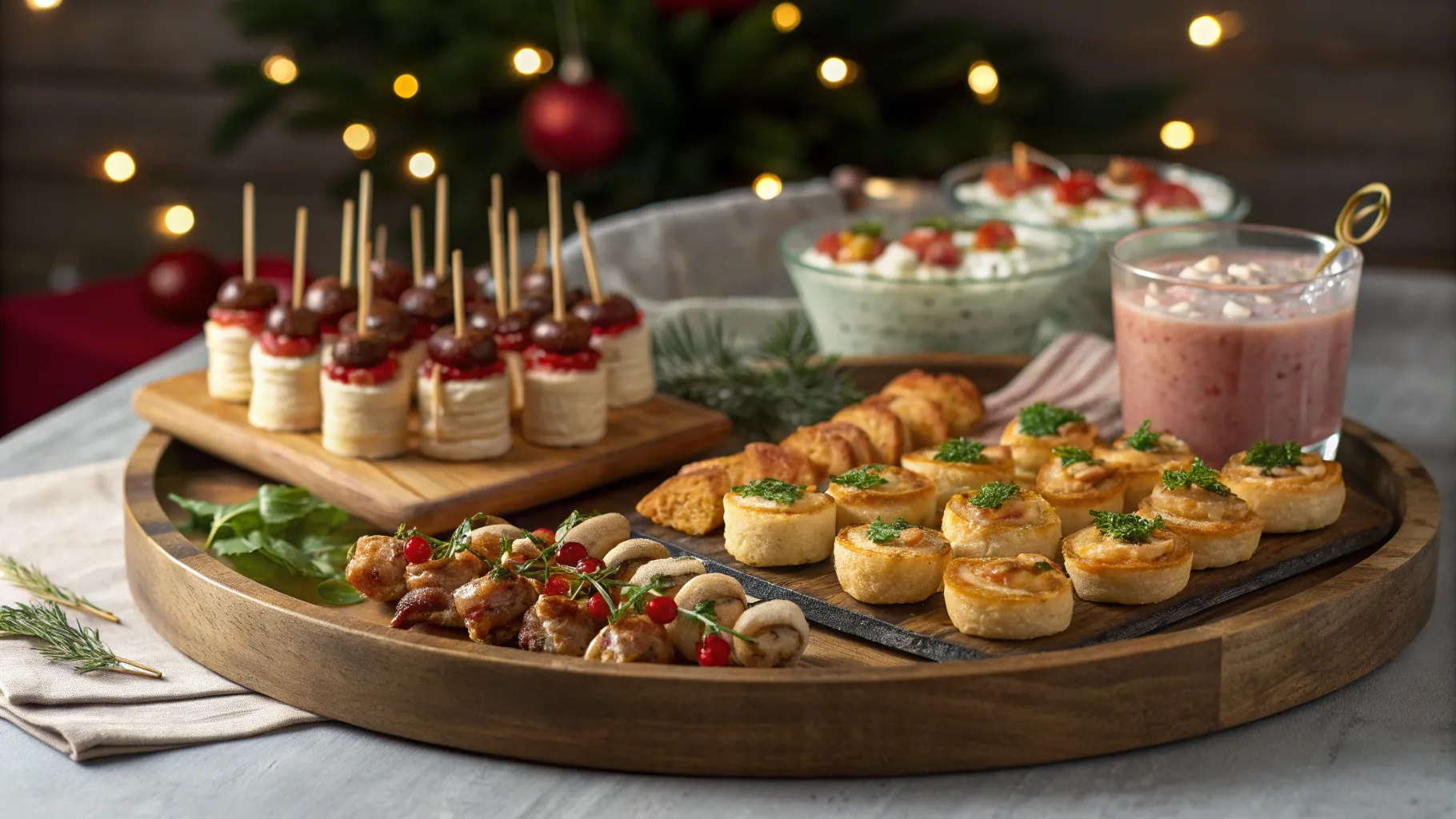 A festive platter showcasing 10 different Christmas party appetizers, including mini quiches, cranberry brie bites, and shrimp cocktails.