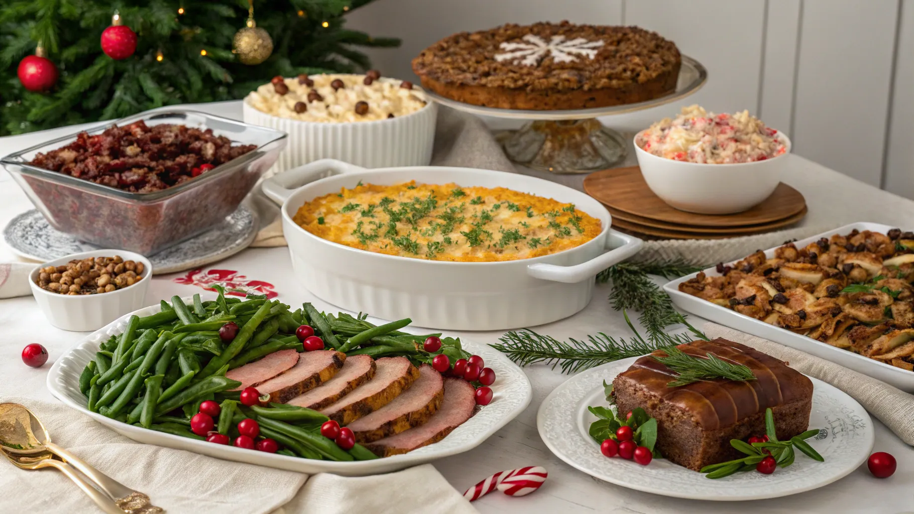 10 Christmas Potluck Dishes with a festive table full of colorful dishes and decorations.