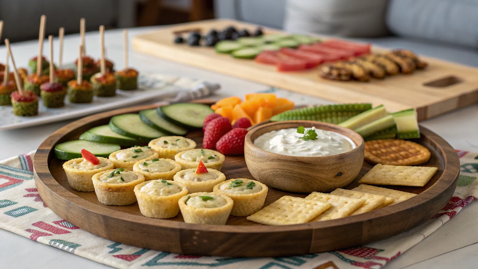 A vibrant platter featuring 10 easy snacks for senior game night, with a focus on soft textures and easy-to-handle portions.