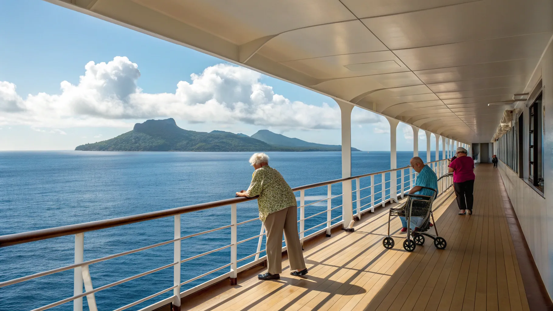A serene view from a cruise ship deck as a group of seniors looks out at the ocean, representing senior-friendly long cruise vacations.