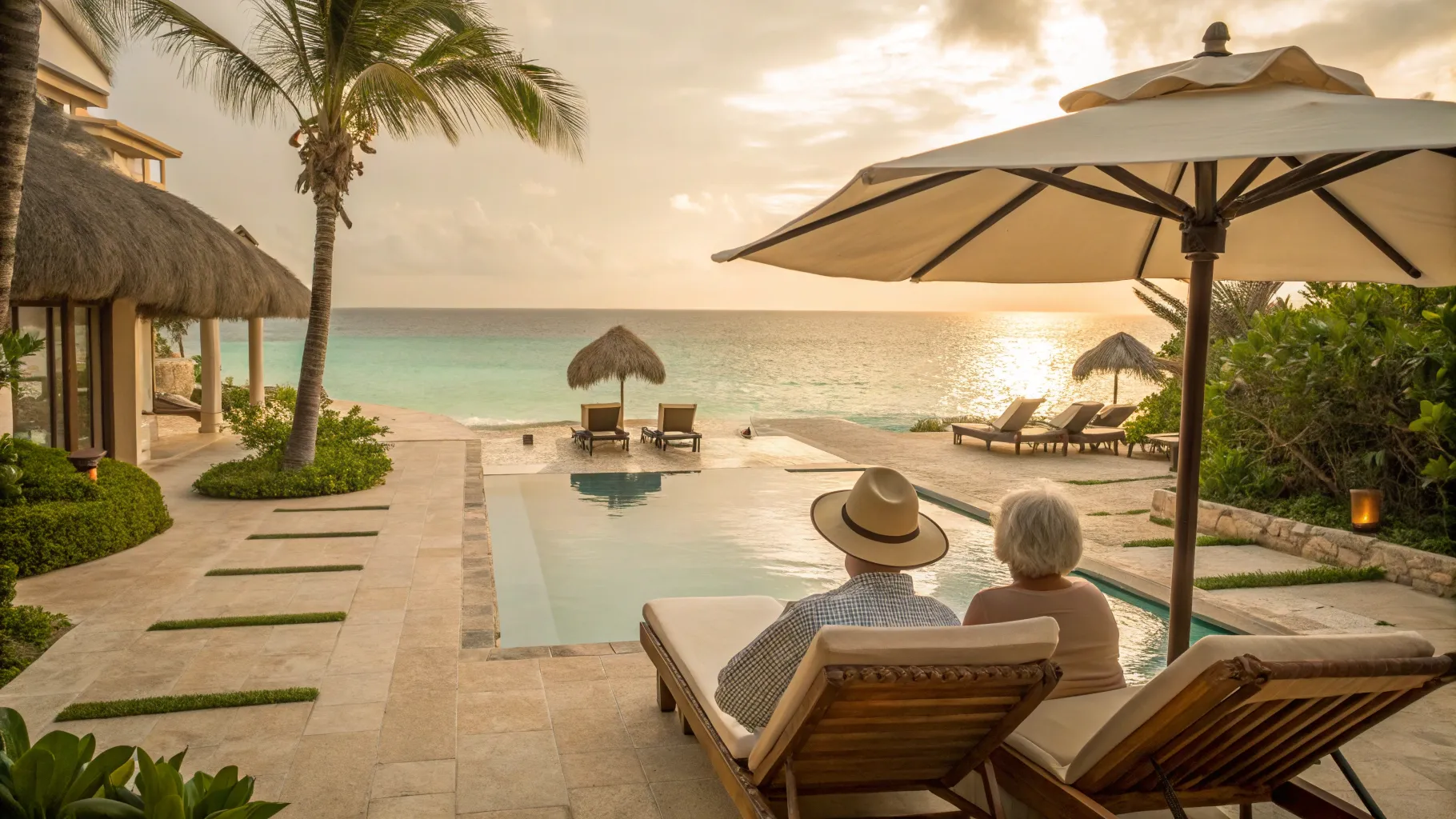 A serene view from one of the best 2 week senior friendly Cancun resorts overlooking the ocean.